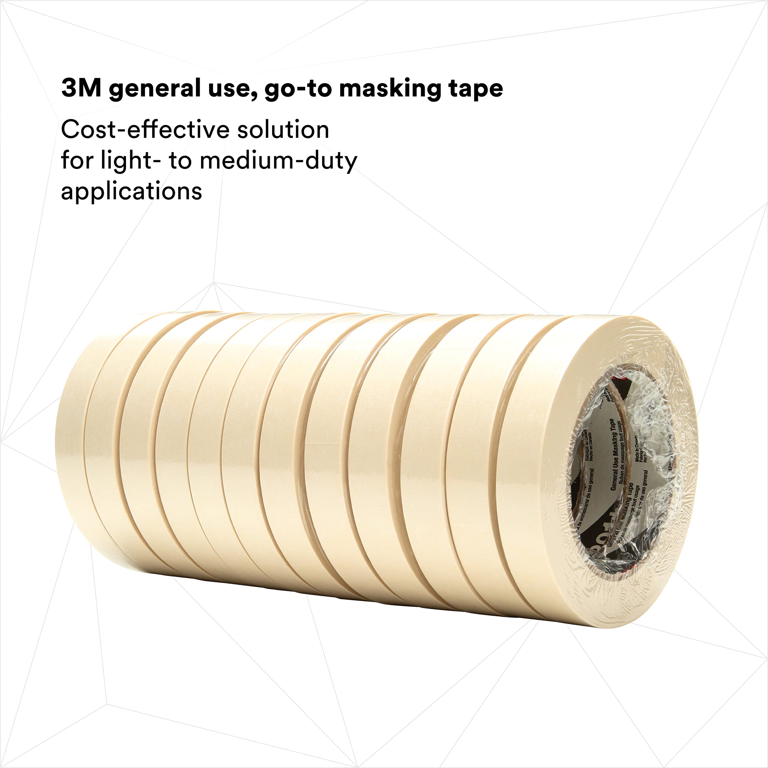 3M General Use Masking Tape 201+ - 18mm x 55m, Low Unwind, Clean Removal, Easy Tear, Crepe Paper Tape for Painting, DIY Projects, Home Repairs & Crafts - 48 Rolls/Case, Tan Color, 4.4 mil Thickness
