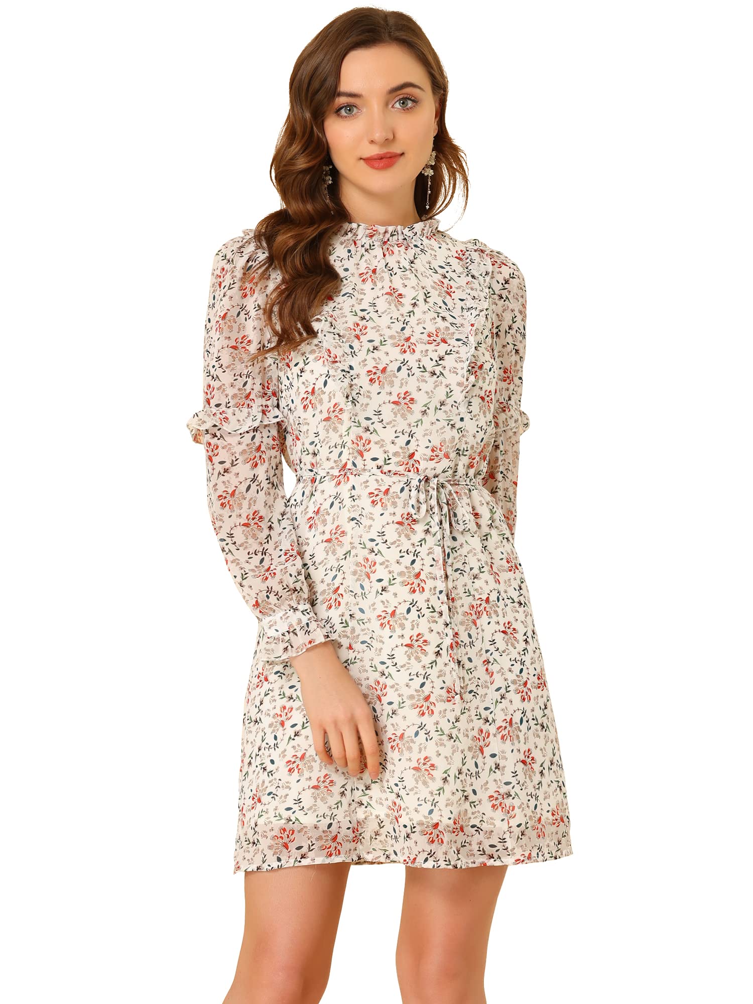 Allegra K Women's Floral Chiffon Dress with Mock Neck, Tie Waist & Ruffle Details - Elegant Shift Dress for Casual Wear, Office, Parties & Special Occasions