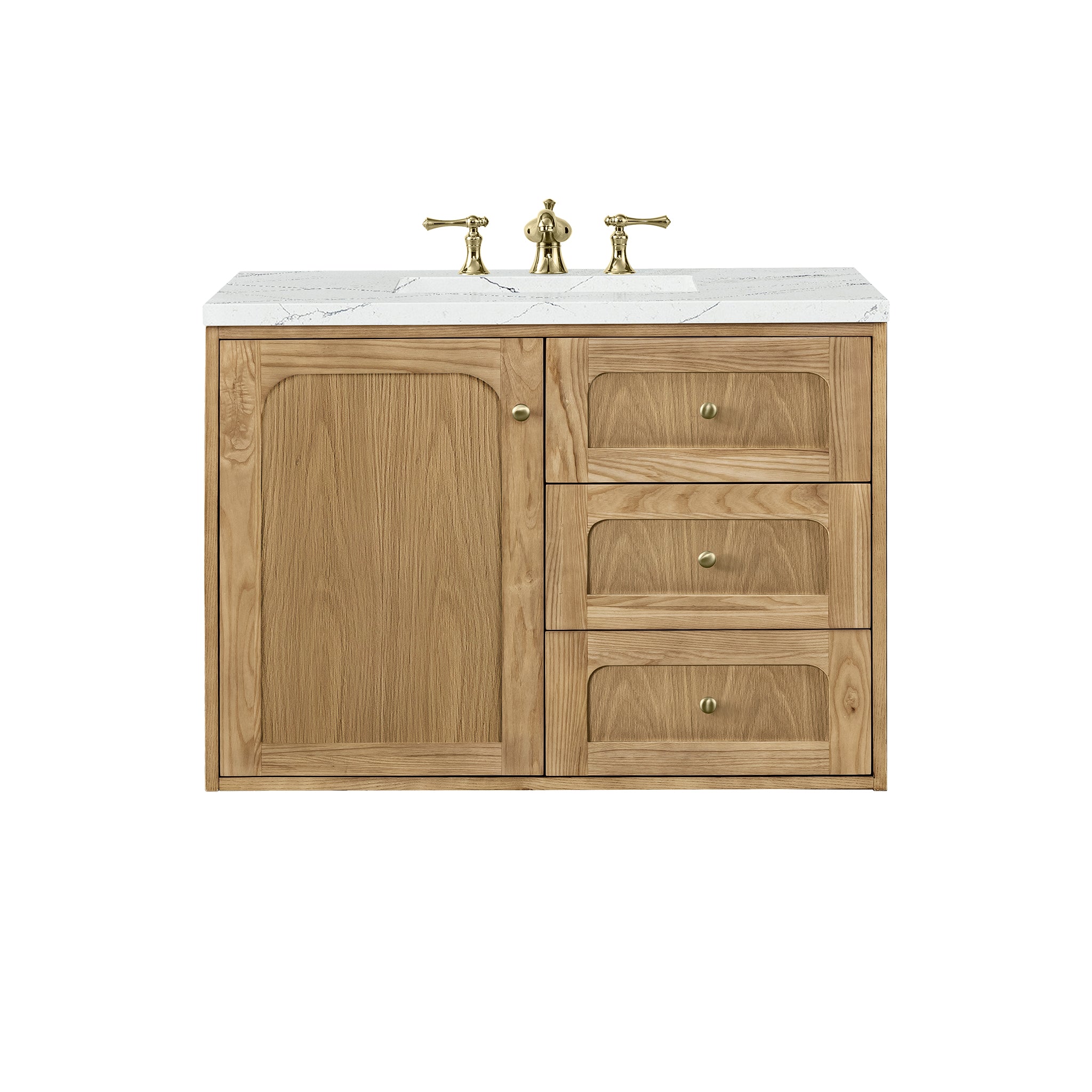 Laurent 36 Inch Single Bathroom Vanity with Light Natural Oak Finish & 3CM Ethereal Noctis Quartz Top - Perfect for Modern Master Bathrooms and Powder Rooms