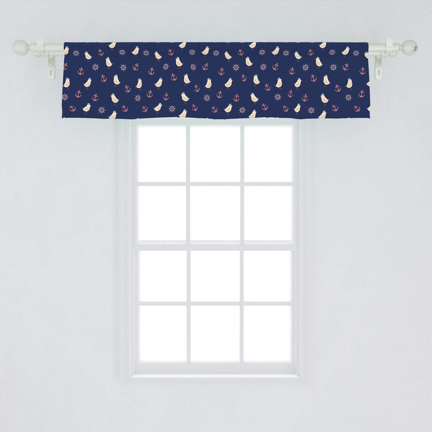 Ambesonne Nautical Window Valance - Blue Ocean Theme with Birds, Marine Hats, Steering Wheel & Anchor Design | 54