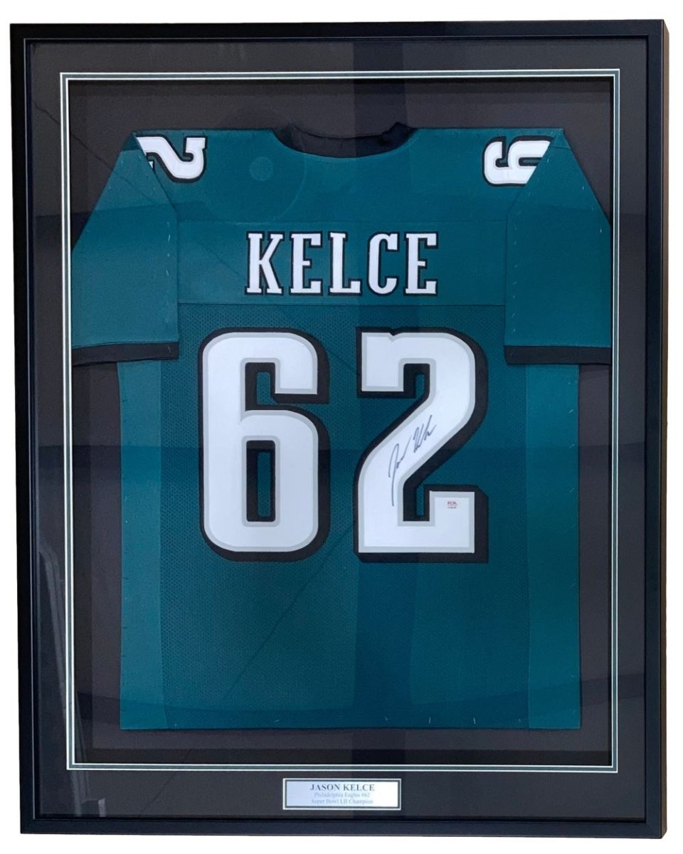 Authentic Jason Kelce Philadelphia Eagles Signed Green Football Jersey with PSA ITP Hologram - Framed Collectible for Sports Fans & Memorabilia Display