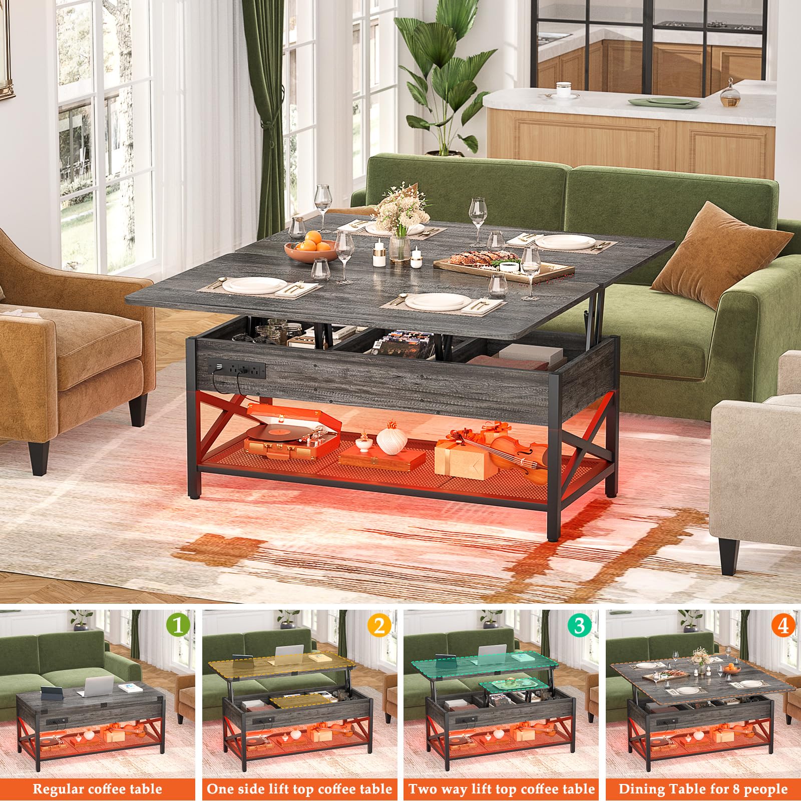 Aheaplus Lift Top Coffee Table with LED Light & Power Outlet - Convertible to Dining Table, Multi-Functional Center Table with Storage Shelves for Living Room, Home Office & Reception Areas - Black Oak Finish | Perfect for Small Space Living, Entertaining Guests & Remote Work Setup