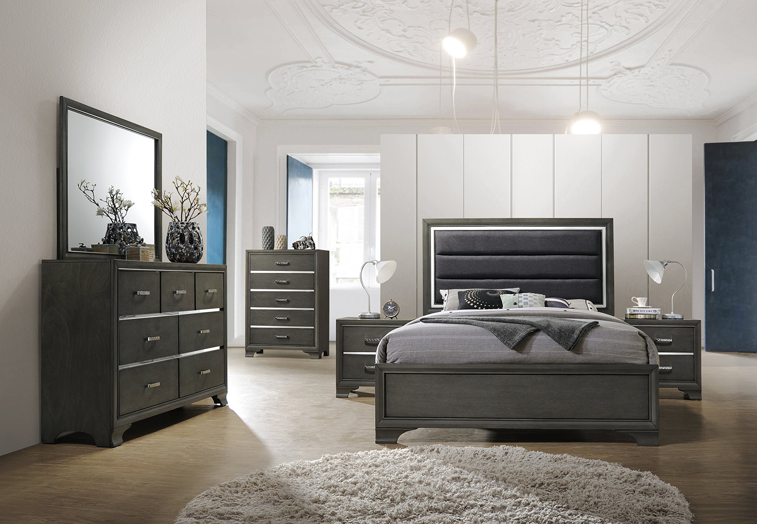 Kings Brand Furniture - Oceana Gray Wood 2 Drawer Nightstand with USB Port | Modern Bedside Table for Bedroom, Living Room & Guest Room | Solid Wood Night Stand with Storage