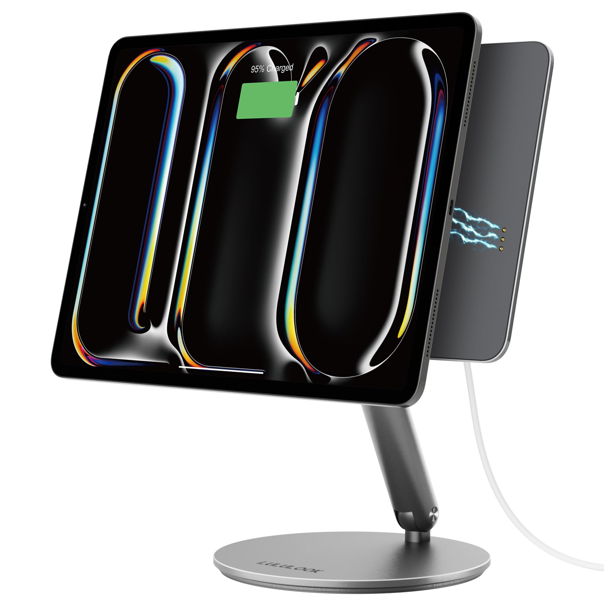 LULULOOK 360° Adjustable Magnetic Wireless Charging Stand for iPad Pro 11-inch M4 (2024) - Aluminum Alloy Foldable Tablet Stand with USB-C Cable - Perfect for Home Office, Bedside & Travel Use