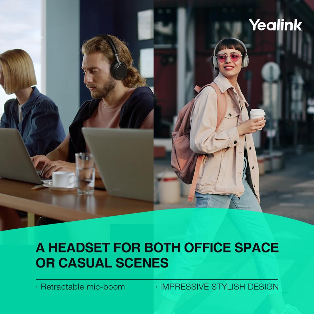 Yealink BH76 Wireless Bluetooth Headset with Active Noise Cancelling (ANC) - 35H Talk Time, 5X Microphone, Teams Certified for Office, Remote Work, Call Center & Home Business - Compatible with Computer & Mobile Devices via USB-A