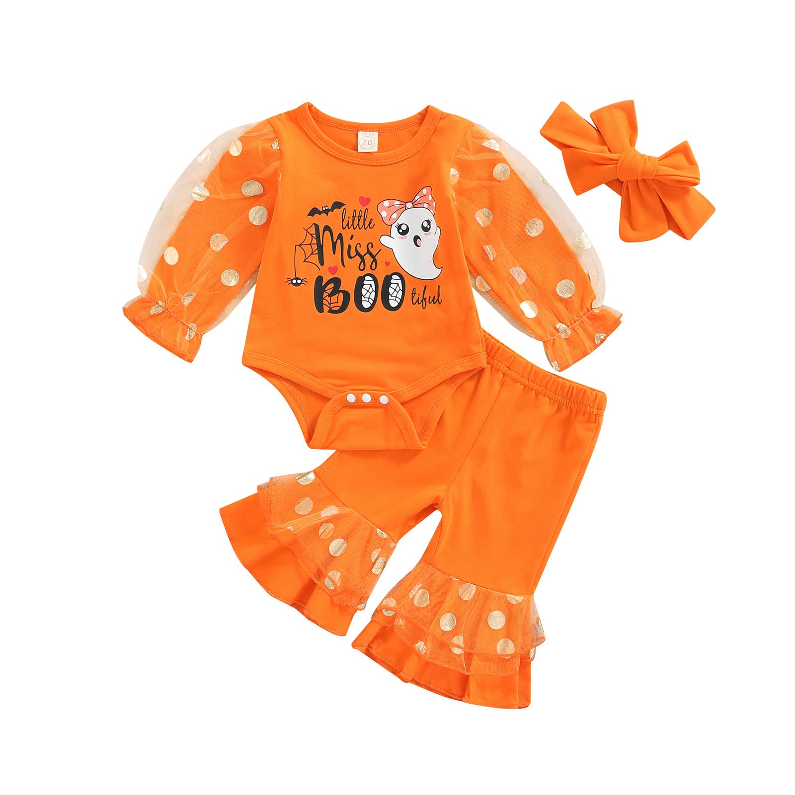 **Adorable Newborn Baby Girl Halloween Costume Set - Pumpkin Ghost Romper Bodysuit & Flare Pants Outfit | Cute Infant Halloween Party Dress for Photos, Trick-or-Treating & Holiday Celebrations**