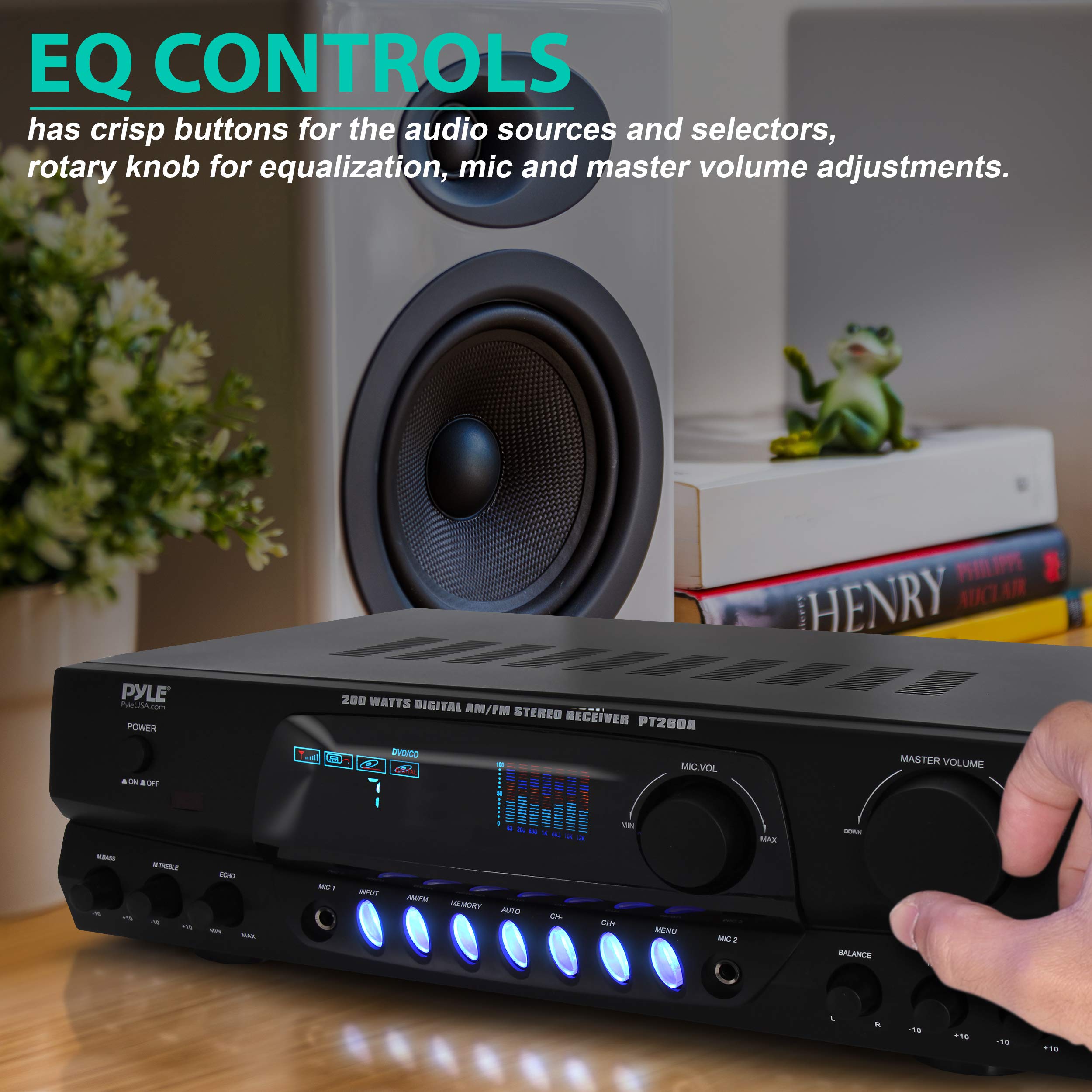 Pyle PT260A.5 200W Stereo Power Amplifier with AM/FM Tuner & Dual Mic Inputs for Karaoke - Home Audio Receiver with Echo Effect - Perfect for Home Theater, Parties, and Entertainment Systems