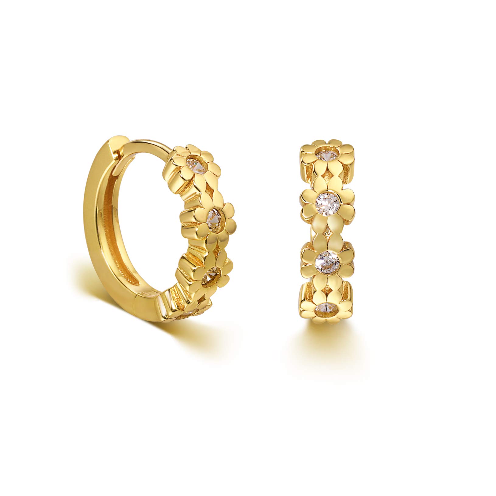 14K Gold Hoop Earrings for Women - Sterling Silver Flower Huggie Earrings | Tiny Mini Hoops for Everyday Wear, Gift Giving & Special Occasions