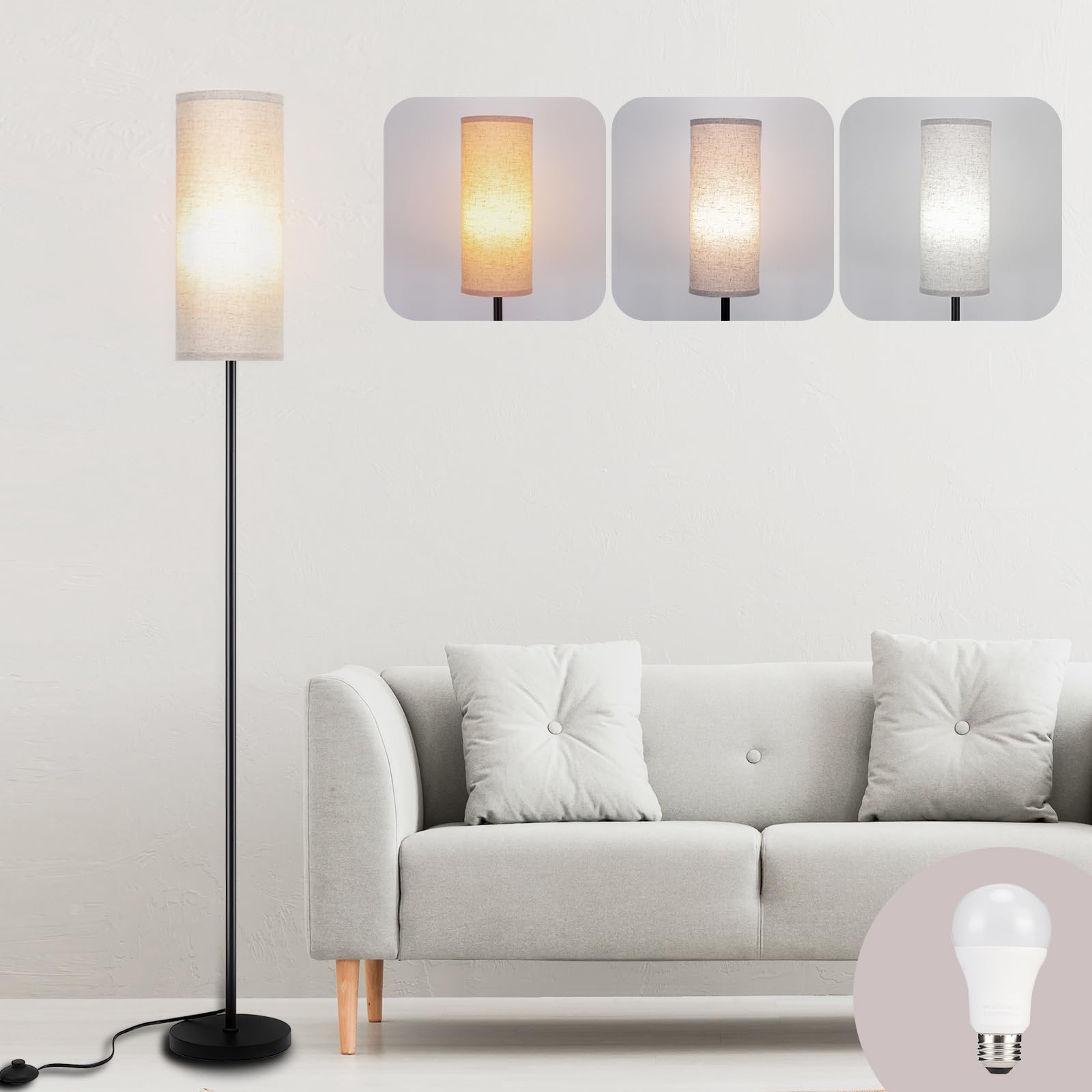 Modern Floor Lamp with 3 Color Temperatures & Stepless Dimmable 9W LED Bulb - Adjustable Standing Lamp for Living Room, Bedroom, Office - Perfect for Reading, Working & Relaxing
