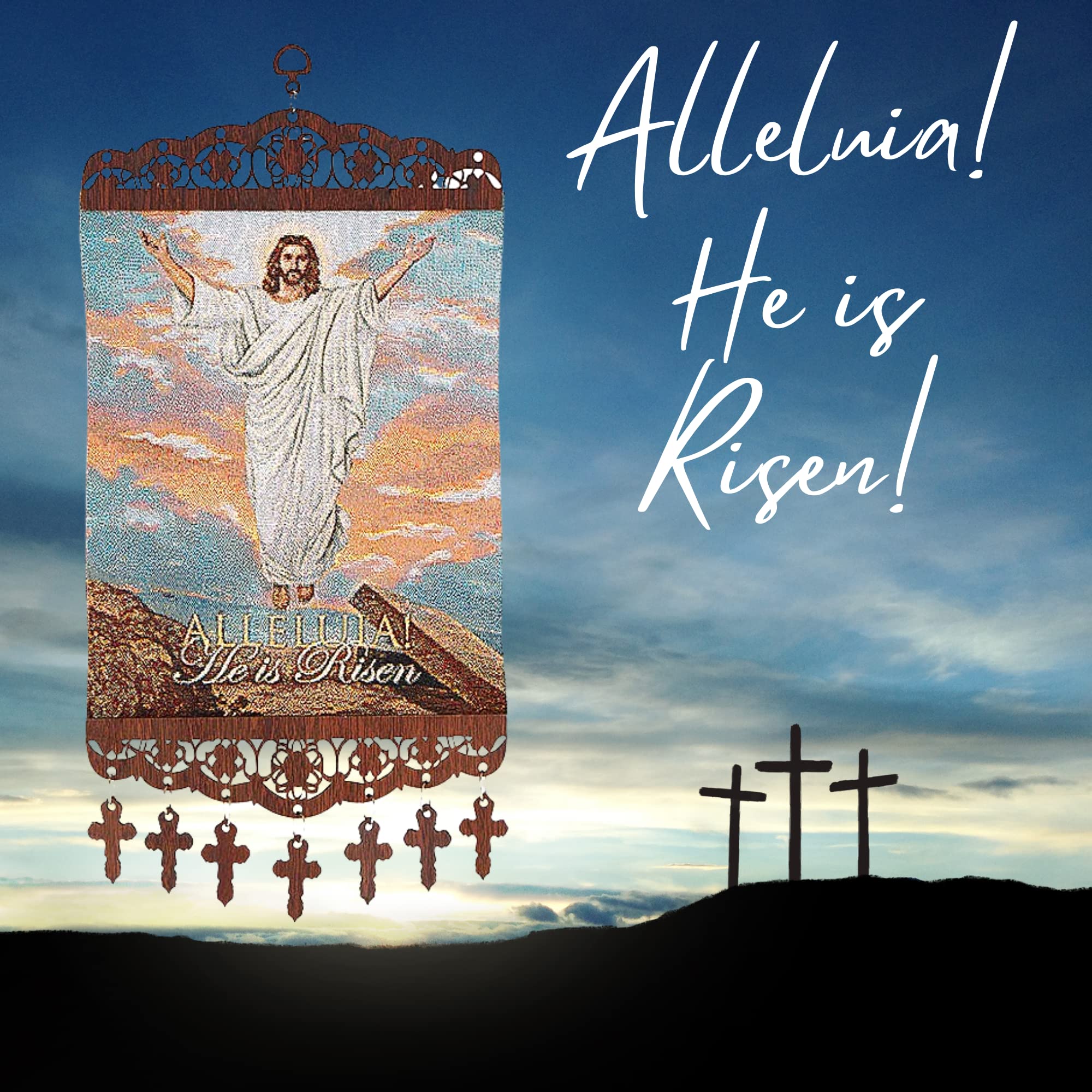 Needzo Alleluia! He is Risen Woven Tapestry Wall Hanging - Inspirational Christian Religious Home Decor, Faith-Based Devotional Gift for Catholic Men & Women (15 Inches) - Perfect for Easter Decorations, Church Altars & Spiritual Meditation Spaces