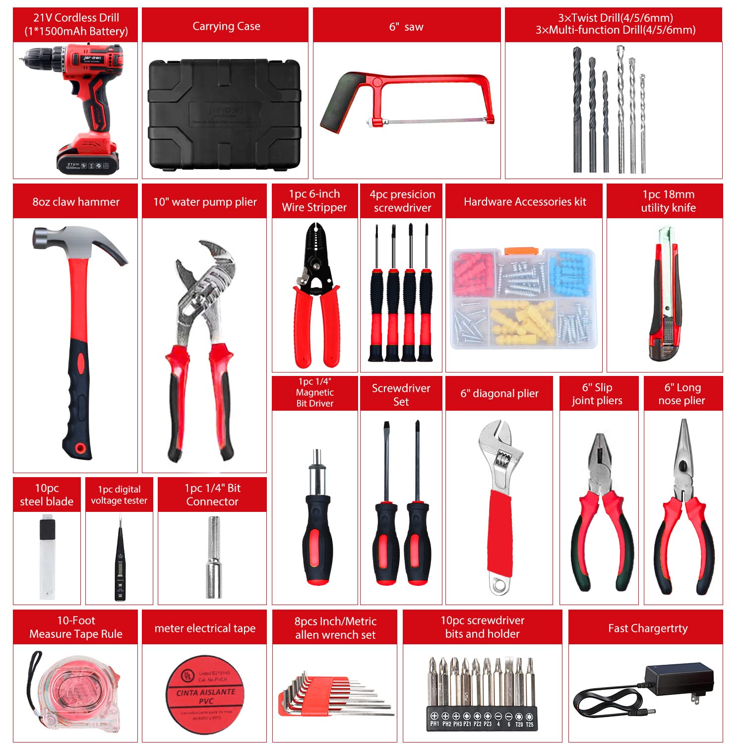 21V Max Cordless Drill/Driver Kit with 112pcs Accessories - Brushless Power Tool Set for Home Repair, DIY Projects & Construction Work | Jar-Owl Red Household Hand Tool Kit for Drilling, Screwing & Fastening Tasks