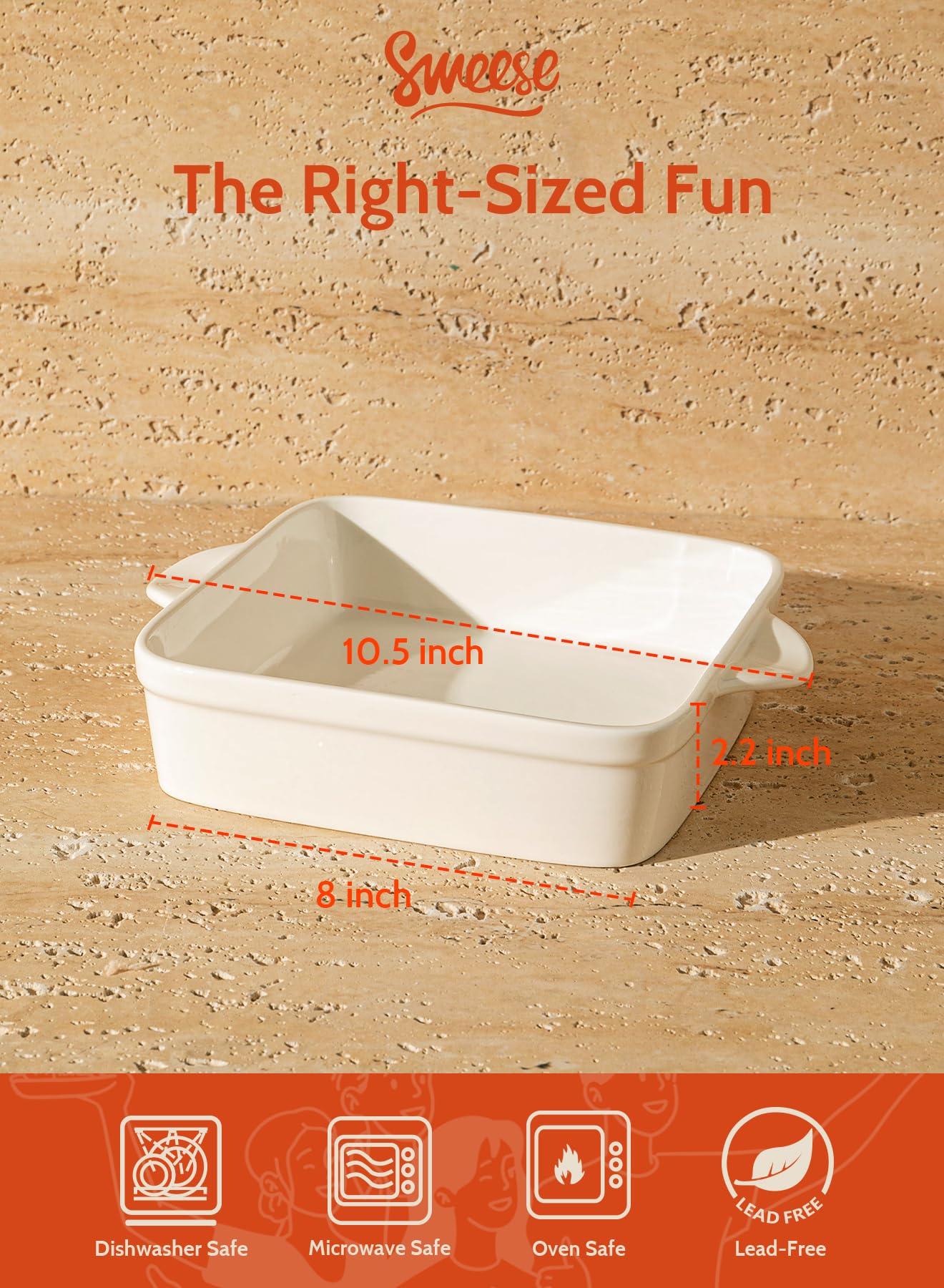 Sweese 8x8 Inch Square Porcelain Baking Dish with Double Handles - Non-Stick Oven Safe Casserole Pan for Brownies, Lasagna, Roasting - Perfect for Baking, Serving & Entertaining - Microwave & Dishwasher Safe