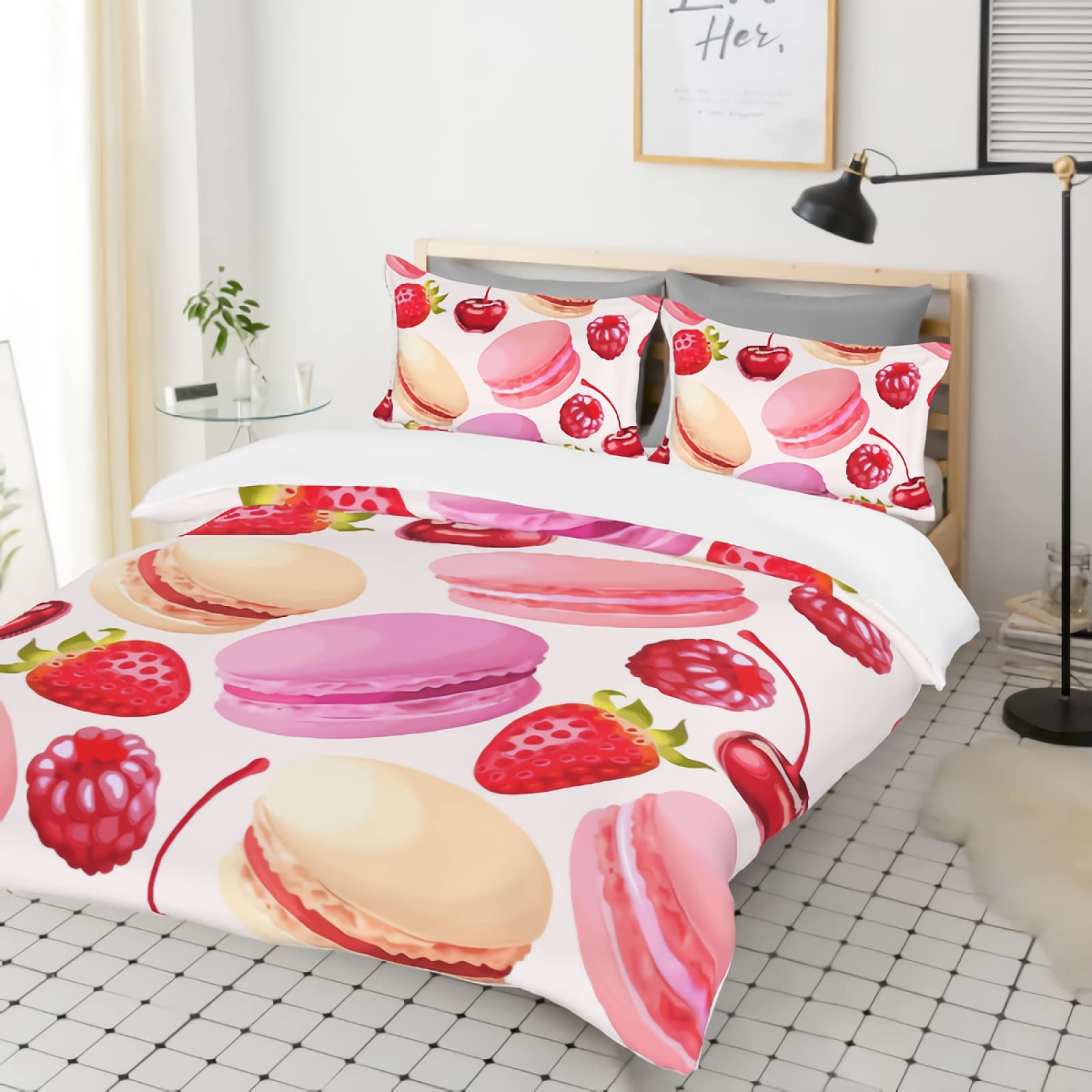 Sweet Cherry & Strawberry Macaron Bedding Set - 3-Piece Duvet Cover with 2 Pillowcases for Girls' Bedroom Decor | Soft Comforter for Kids & Teens | Perfect for Nursery, Dorm Room or Gift