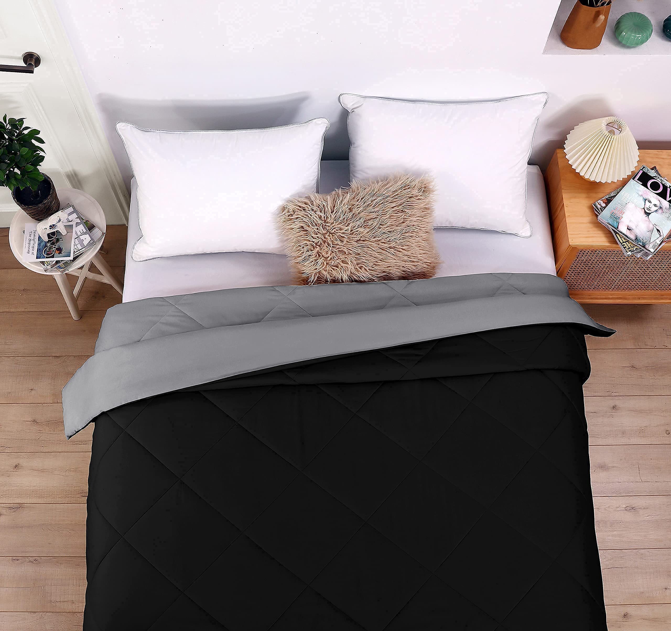 Black Microfiber Reversible Comforter Set for Boys - Lightweight Breathable Dorm Bedding with 2 Pillowcases | Perfect for Back to School & College Dorm Room Decor