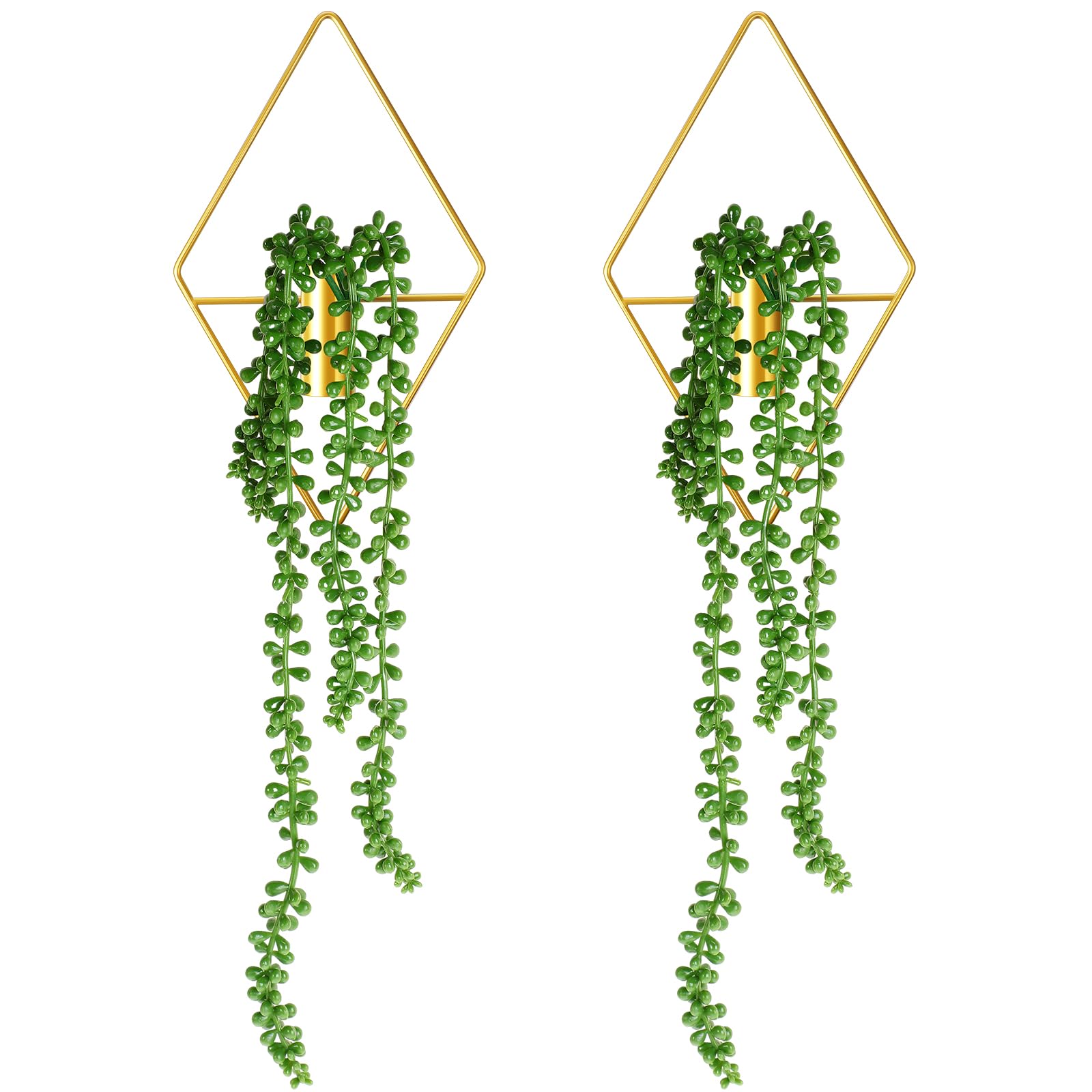 Jexine 2 Pack Boho Wall Decor Gold Hanging Planters with Artificial Succulent Plants - Metal Wall Art for Home Decor Display in Bedroom, Bathroom & Living Room - Perfect for Bohemian Style Interior Design and Small Space Decorating