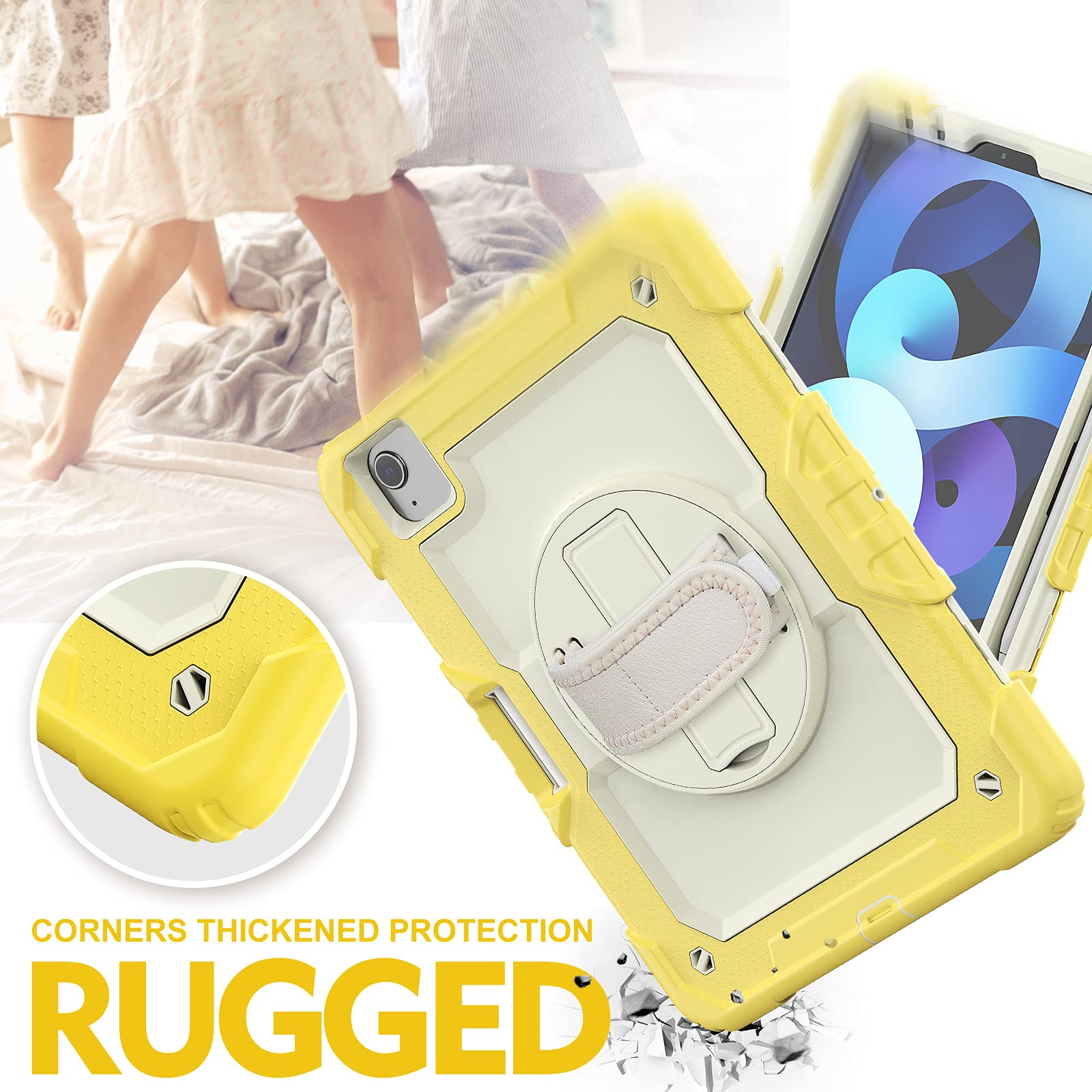 Dteck Shockproof Protective Case for iPad Air 5 (2022)/iPad Air 4 (2020)/iPad Pro 11 Inch with Shoulder Strap, Hand Strap & Pencil Holder - Yellow Kids Stand Cover for School, Travel & Outdoor Use