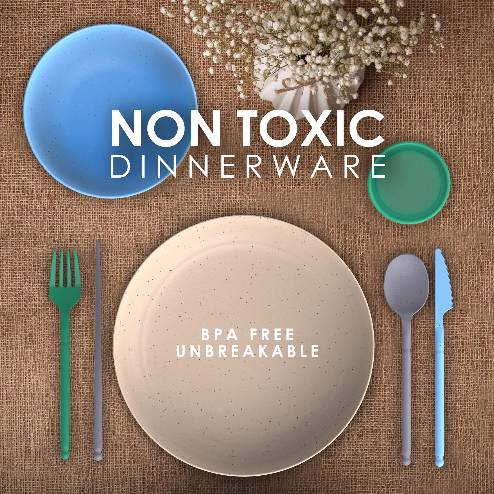 Eco-Friendly Wheat Straw Dinnerware Set for 4 - BPA-Free Microwave Safe Plates, Bowls & Utensils - Perfect for Camping, RV Trips, Dorms & Picnics - Sustainable Alternative to Plastic Dishes - Lightweight & Durable Camping Cookware Set