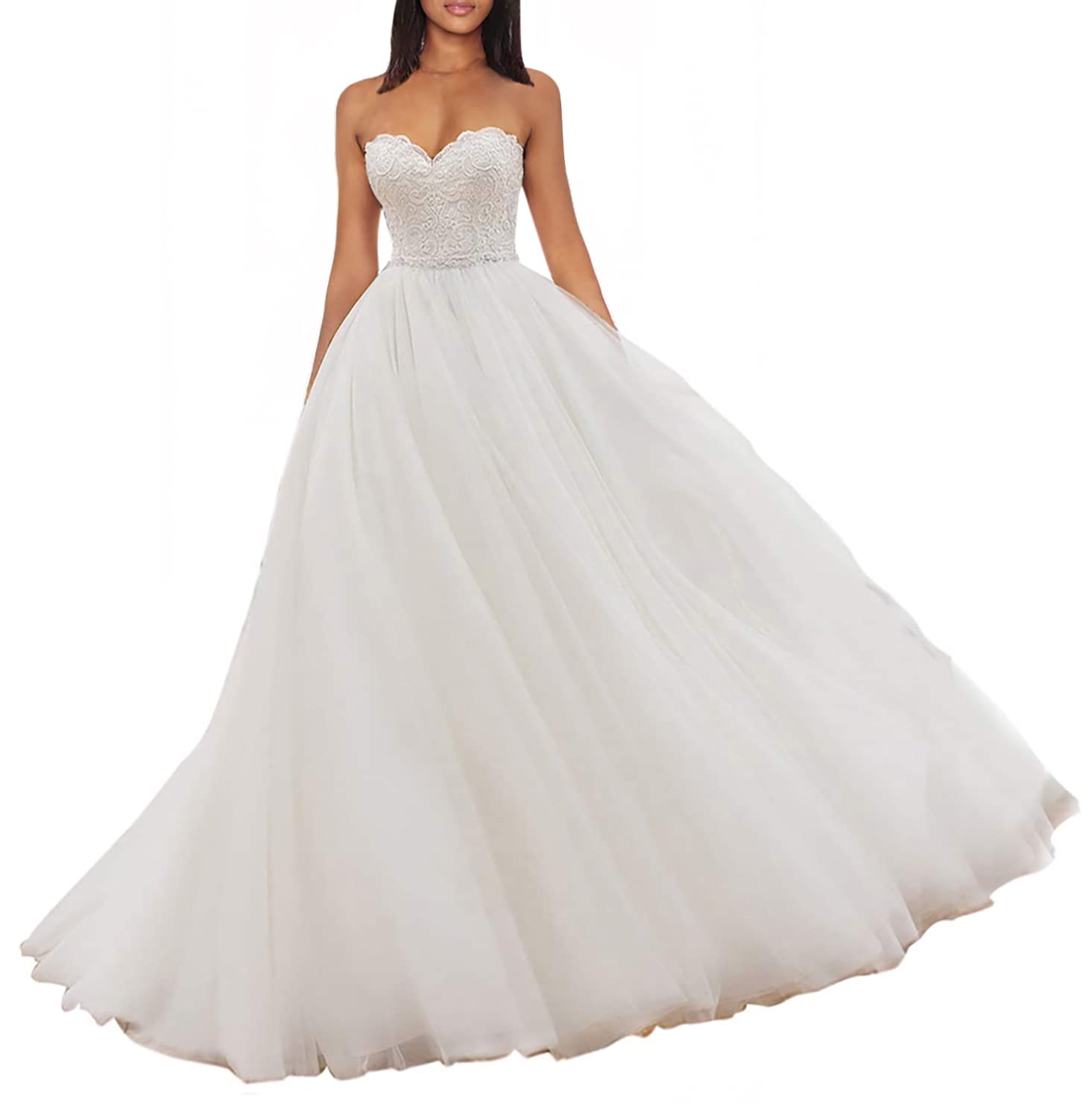 Elegant A-Line Lace Train Wedding Dress with Applique Detailing - Off Shoulder Strapless Tulle Gown for Brides | Perfect for Beach, Church, and Formal Wedding Ceremonies