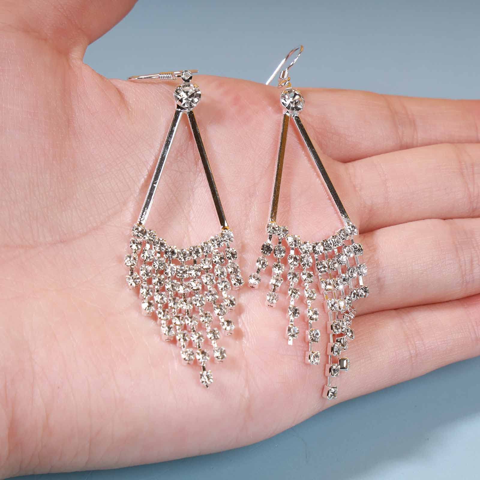 Elegant Silver Crystal Chandelier Earrings for Women – Sparkling Rhinestone Tassel Drop Dangle Earrings with CZ Stones | Perfect for Weddings, Prom, Evening Parties & Special Occasions
