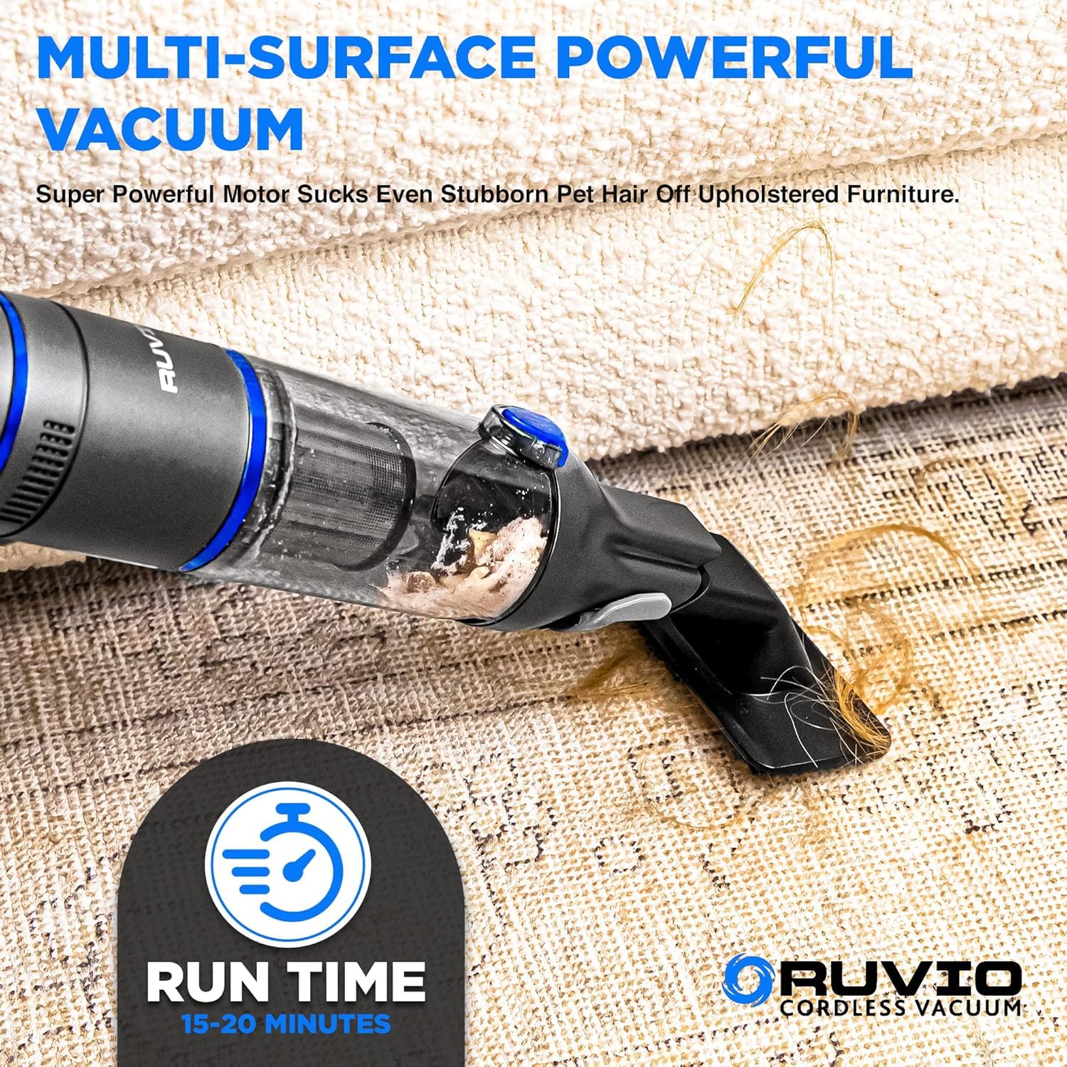Ruvio PRO Cordless Handheld Vacuum Cleaner - Powerful Portable Vacuum for Home, Car, Pet Hair & Hardwood Floors - 2X HEPA Filtration System - Ideal for Quick Cleanups, Car Detailing & Pet Hair Removal (As Seen on TV)