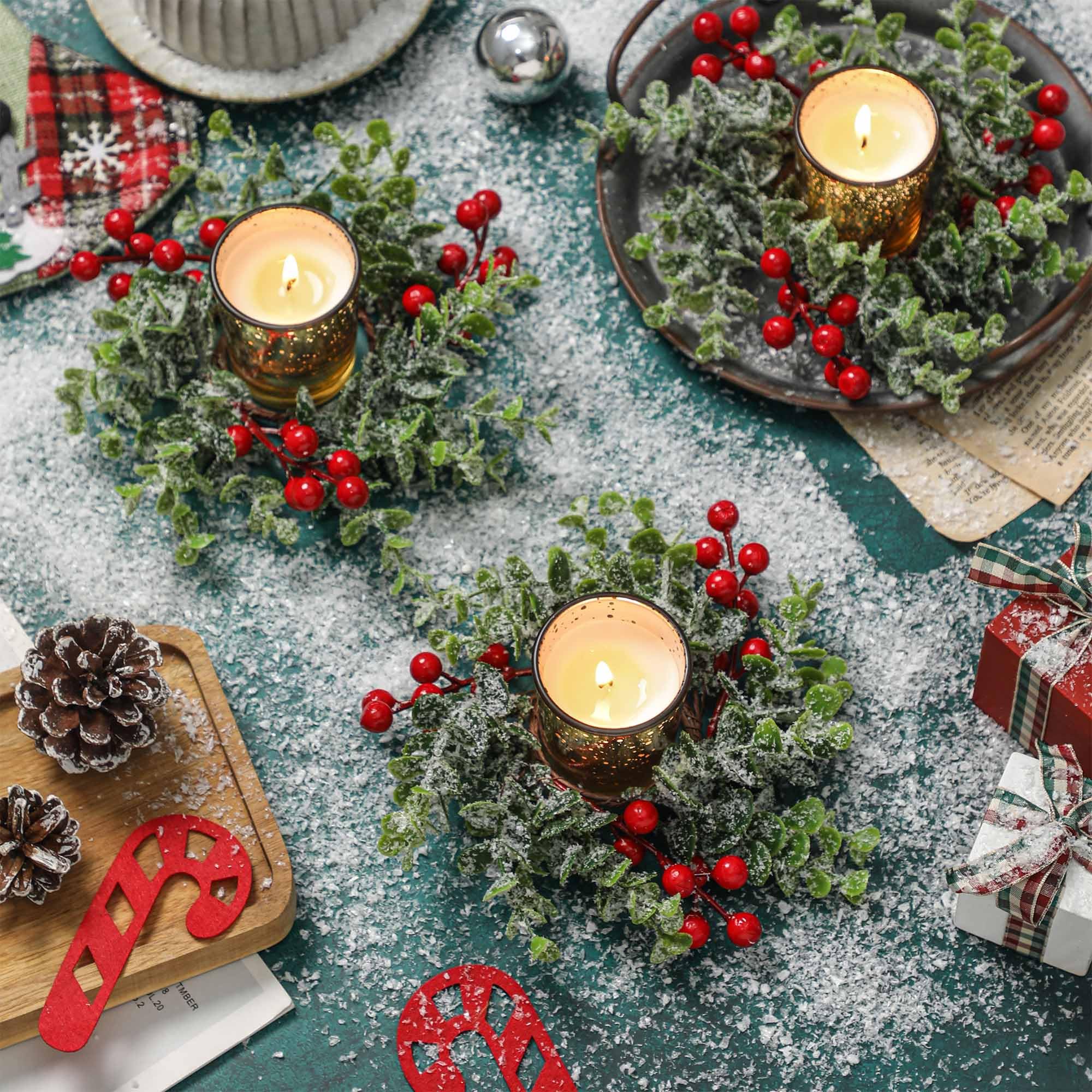 4-Pack Gold Votive Candles with Red Berry Christmas Candle Ring Wreath - Elegant Holiday Table Centerpiece for Christmas Party, Home Decor & Festive Gatherings