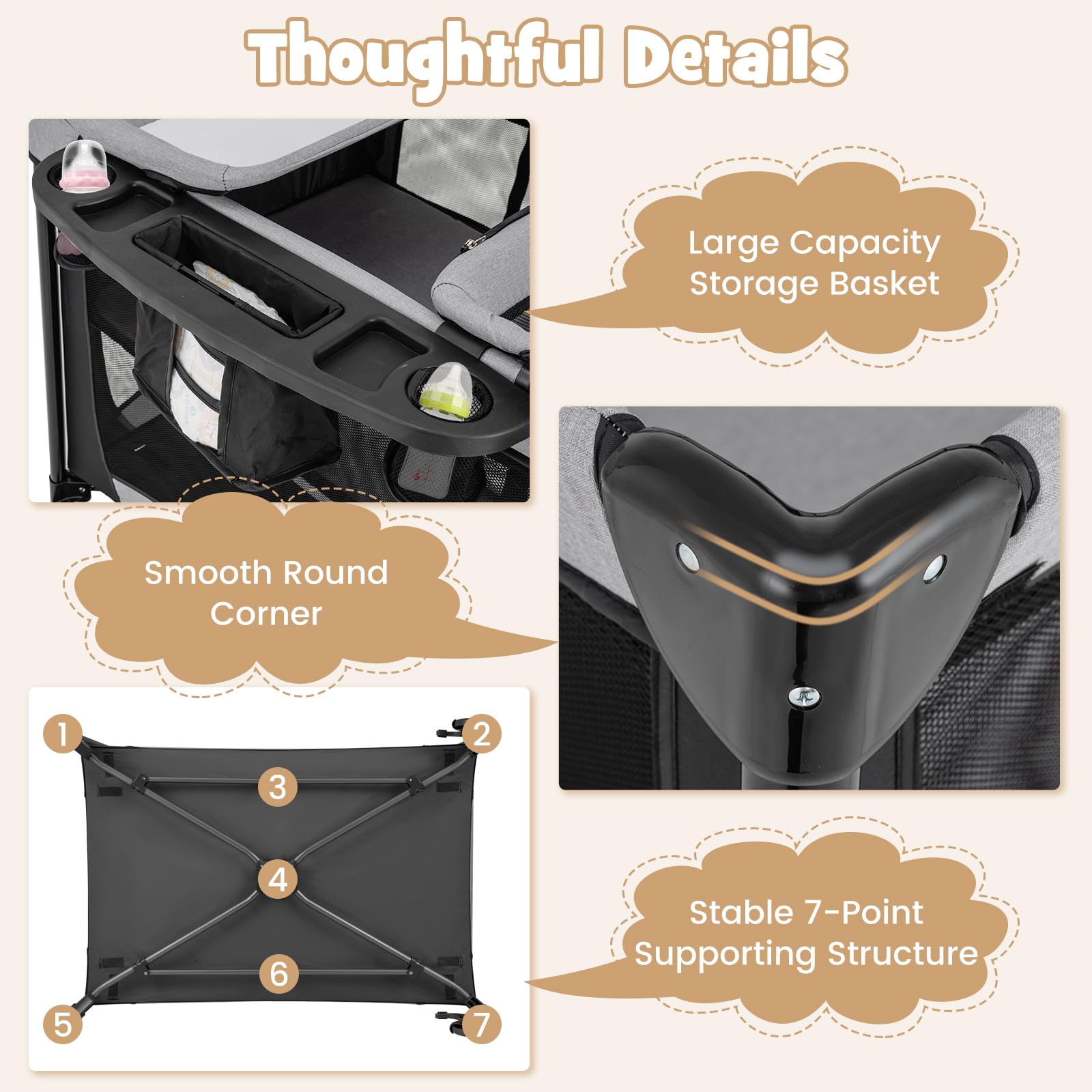 BABY JOY 4-in-1 Portable Baby Playard with Bassinet, Diaper Changing Table & Activity Center - Foldable Playpen with Toys & Storage Bag for Newborn to Toddlers (Dark Classic) | Perfect for Nursery, Travel & Indoor Outdoor Play