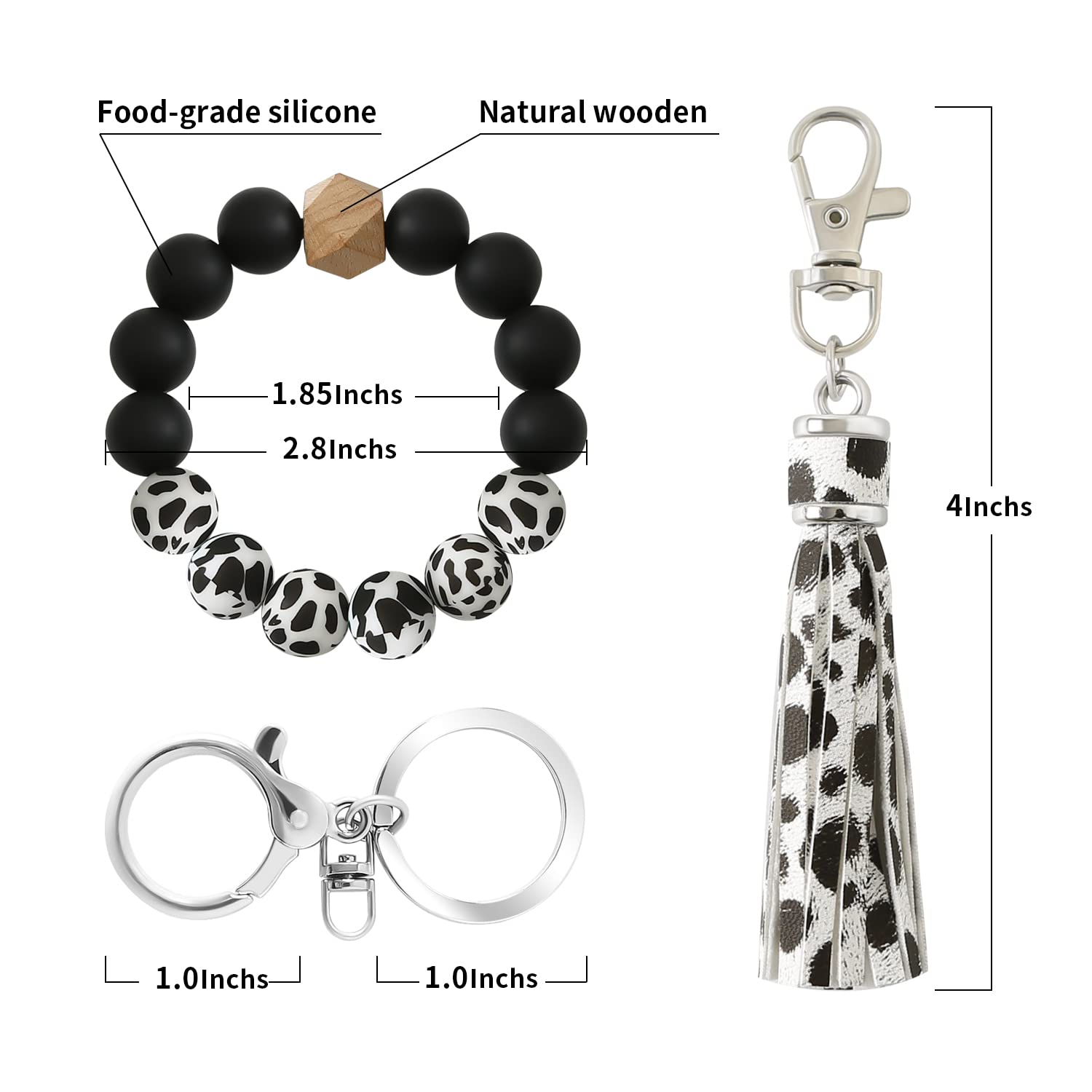 Cow Print Silicone Beaded Wristlet Bracelet Keychain with Leather Tassels - Stylish Car Keychain Key Ring for Women | Perfect Gift for Fashion Lovers & Everyday Accessory
