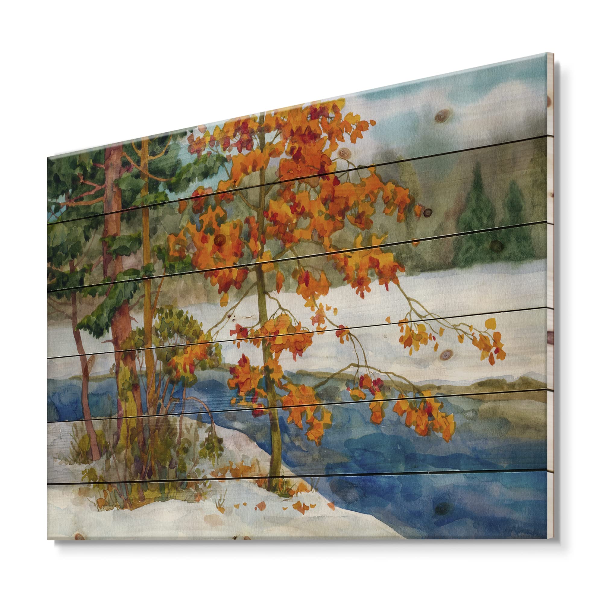 DesignQ Winter Forest Lake House Wood Wall Decor - Orange Wood Wall Art, Large Landscape Pine Wood Panels - Perfect for Living Room, Bedroom & Cabin Decor
