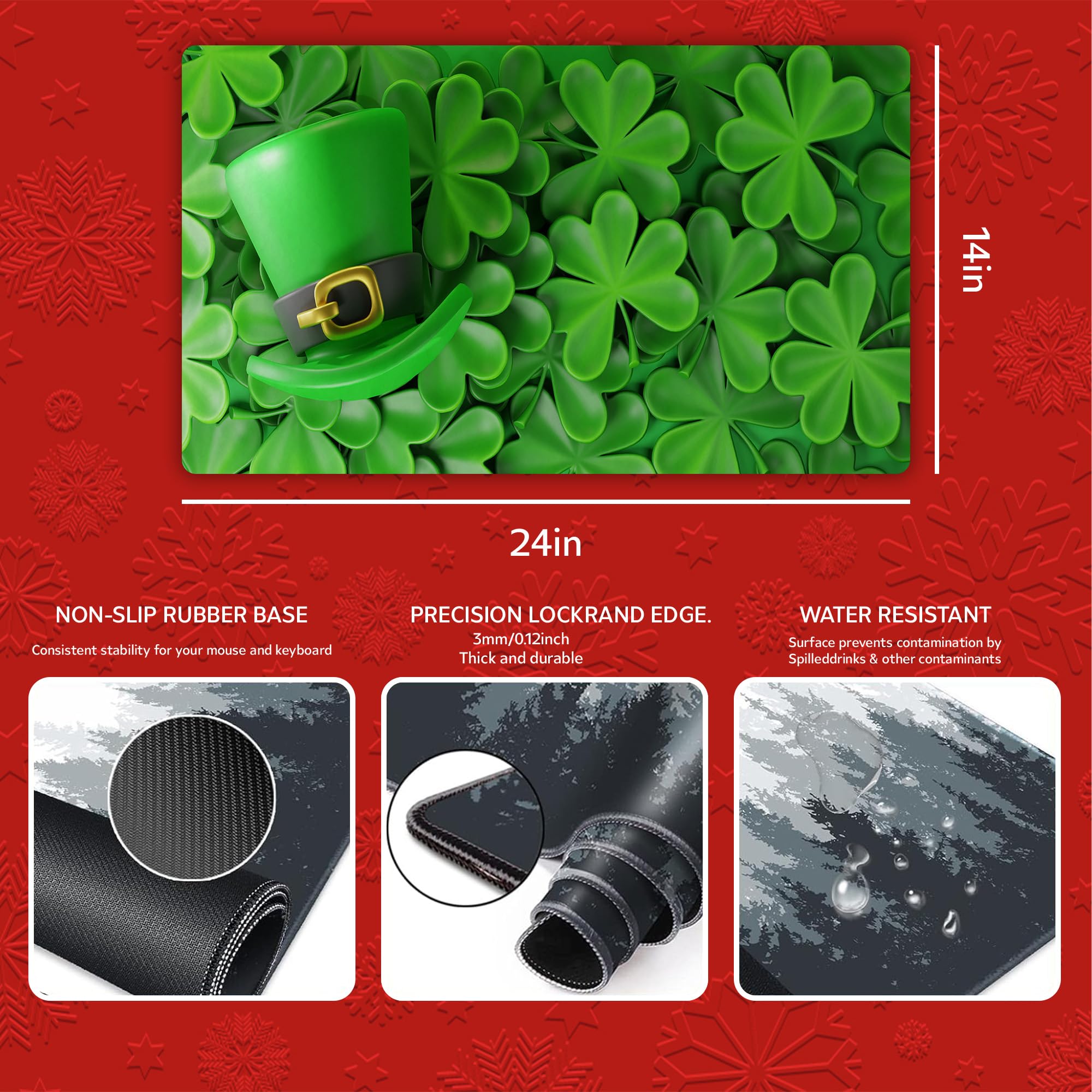 Lucky Shamrock & Leprechaun Hat St. Patrick's Day Gaming Mouse Pad - 31x15 Inch Large Non-Slip Waterproof Desk Mat for Office, Home & Gaming - Perfect for Irish-Themed Decor, Computer Work & Extended Mouse Surface