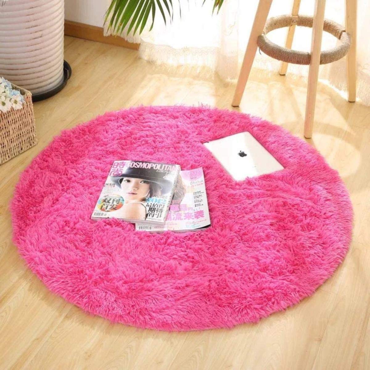 MKWEY Ultra Soft Shaggy Fluffy Round Area Rug - High Pile Plush Washable Non-Slip Carpet for Living Room, Bedroom, Dining Room, Office (24 inch/60cm, Pink) - Perfect for Cozy Home Decor & Kids Play Area