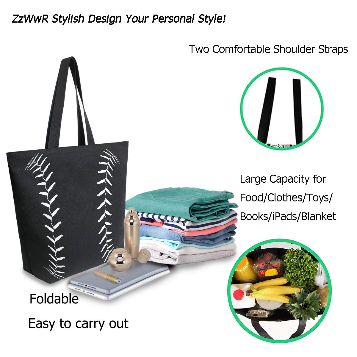 Stylish Extra Large Canvas Tote Bag with Baseball Lace Pattern - Durable Shoulder Bag for Gym, Beach, Travel & Grocery Shopping | Perfect Weekender & Reusable Shopping Tote