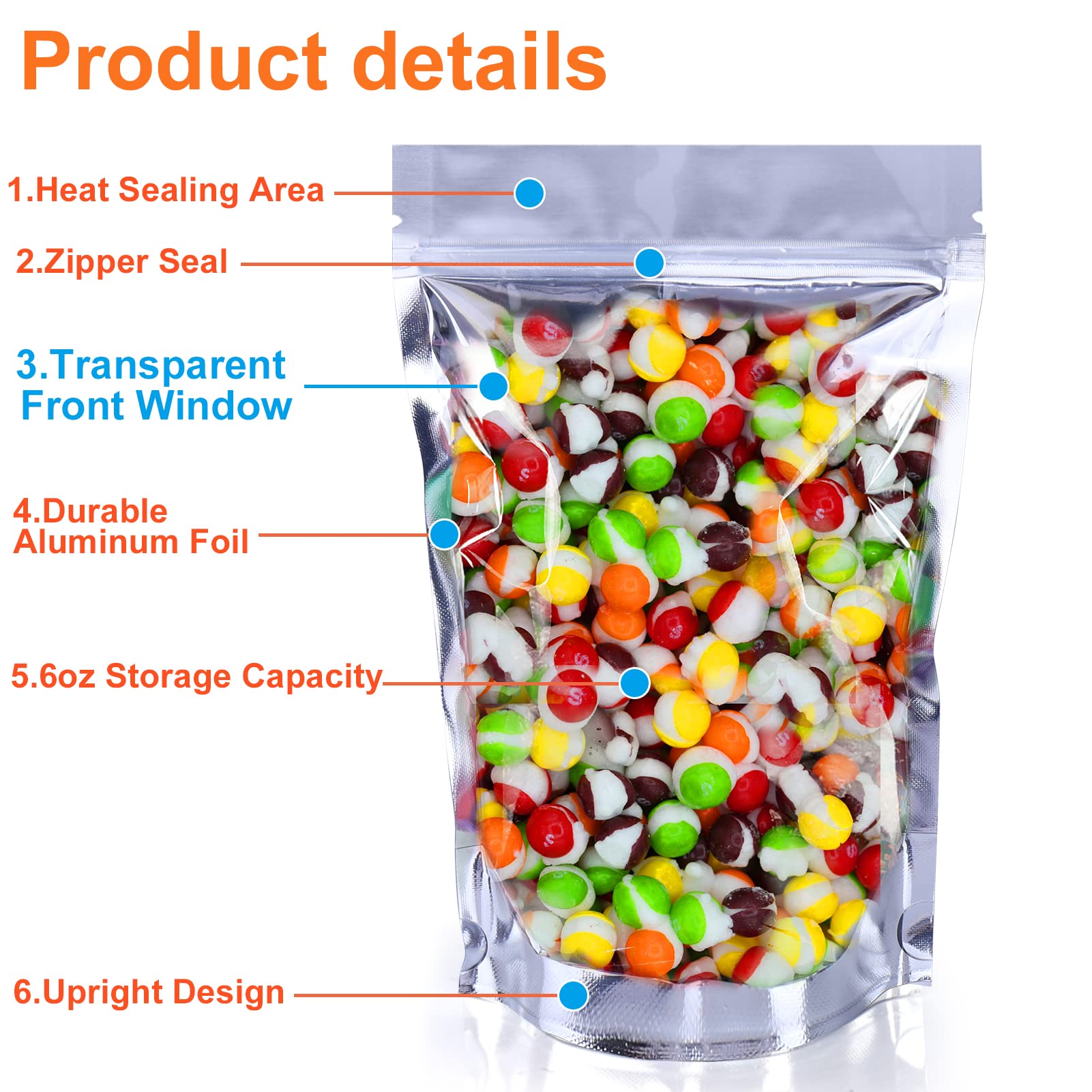 50 Pack Mylar Bags for Freeze Dried Candy - Clear Window Stand Up Pouches | Perfect for Storing Freeze Dried Skittles, Sour Candies & Long Term Food Storage | Great for Camping, Emergency Kits & Pantry Organization