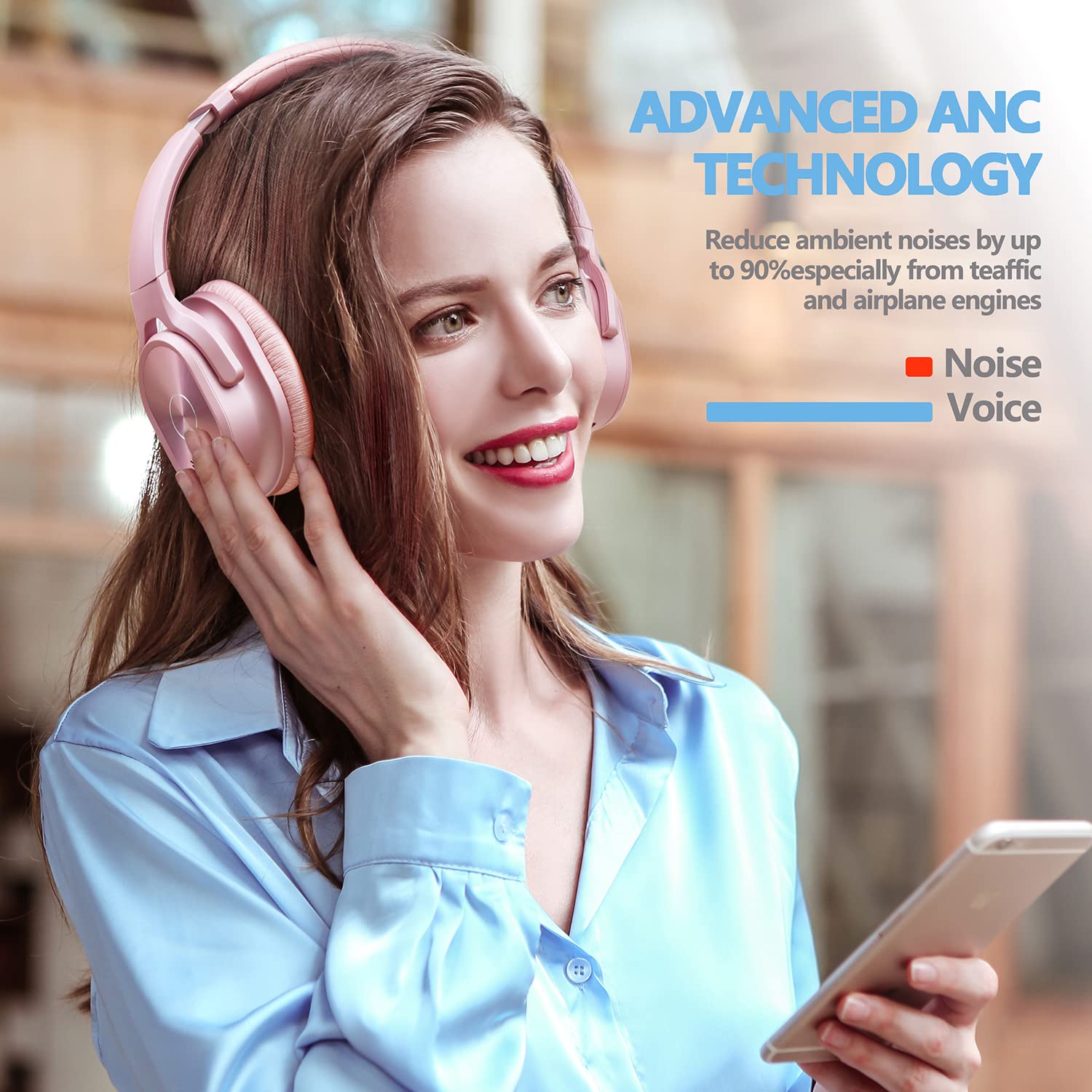 ZIHNIC 2-Pack Rose Gold Active Noise Cancelling Wireless Headphones & Bluetooth Headset Bundle - Perfect for Travel, Workouts, and Office Use
