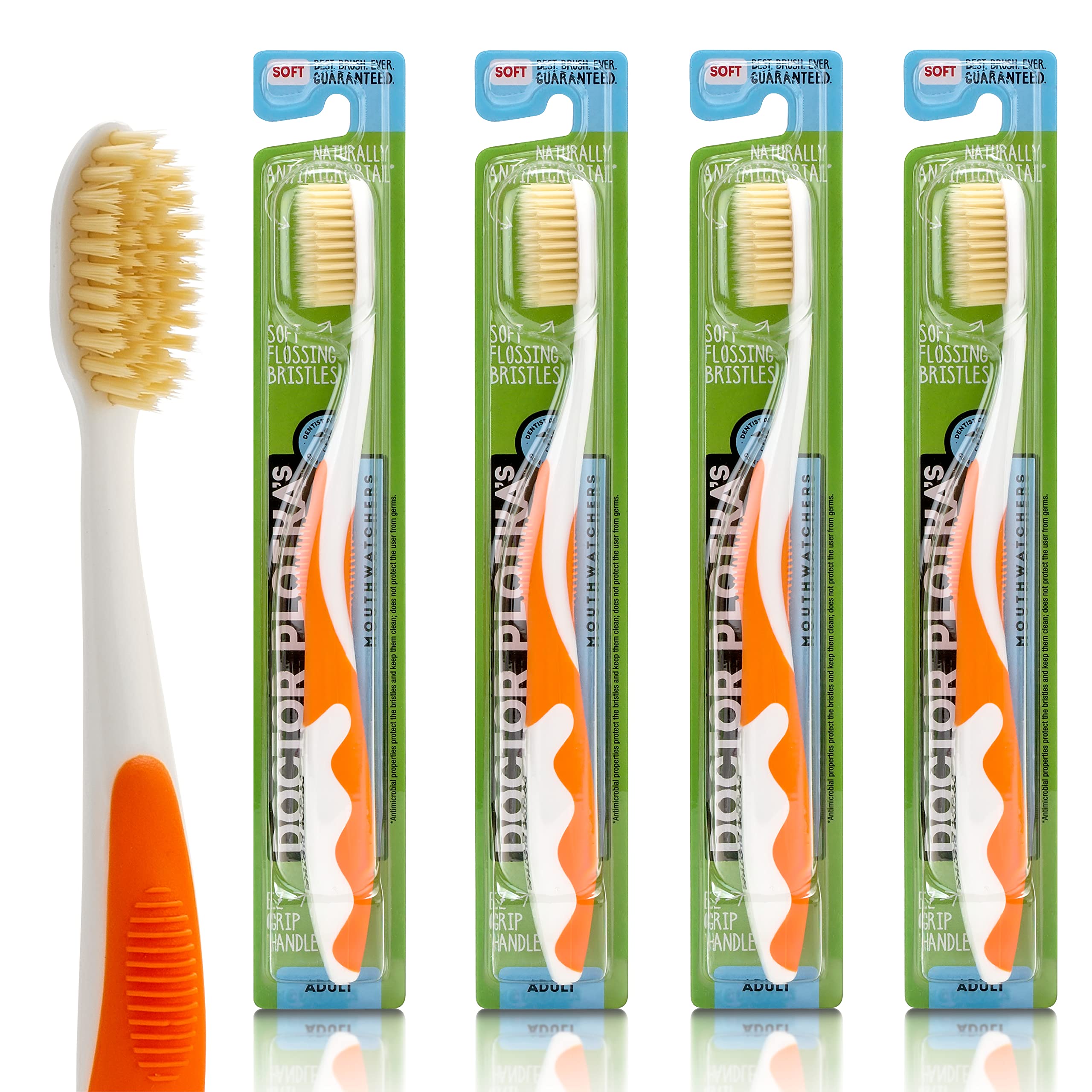 MOUTHWATCHERS Soft Flossing Toothbrush 4-Pack - Ultra Clean Manual Toothbrushes for Adults with Sensitive Teeth & Gums | Dentist-Recommended by Dr. Plotka | Perfect for Travel, Daily Oral Care & Gentle Cleaning (Orange)