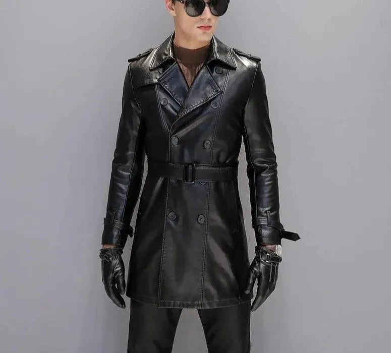 Premium Men's Genuine Leather Trench Coat - Classic Long Waterproof Windbreaker for Business, Dating & Outdoor Activities