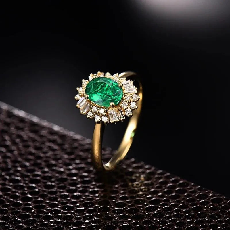 14K Yellow Gold Oval Emerald & Diamond Ring for Women - 0.8ct Natural Gemstone Engagement Ring, Luxury Jewelry Gift for Anniversary, Valentine's Day & Special Occasions