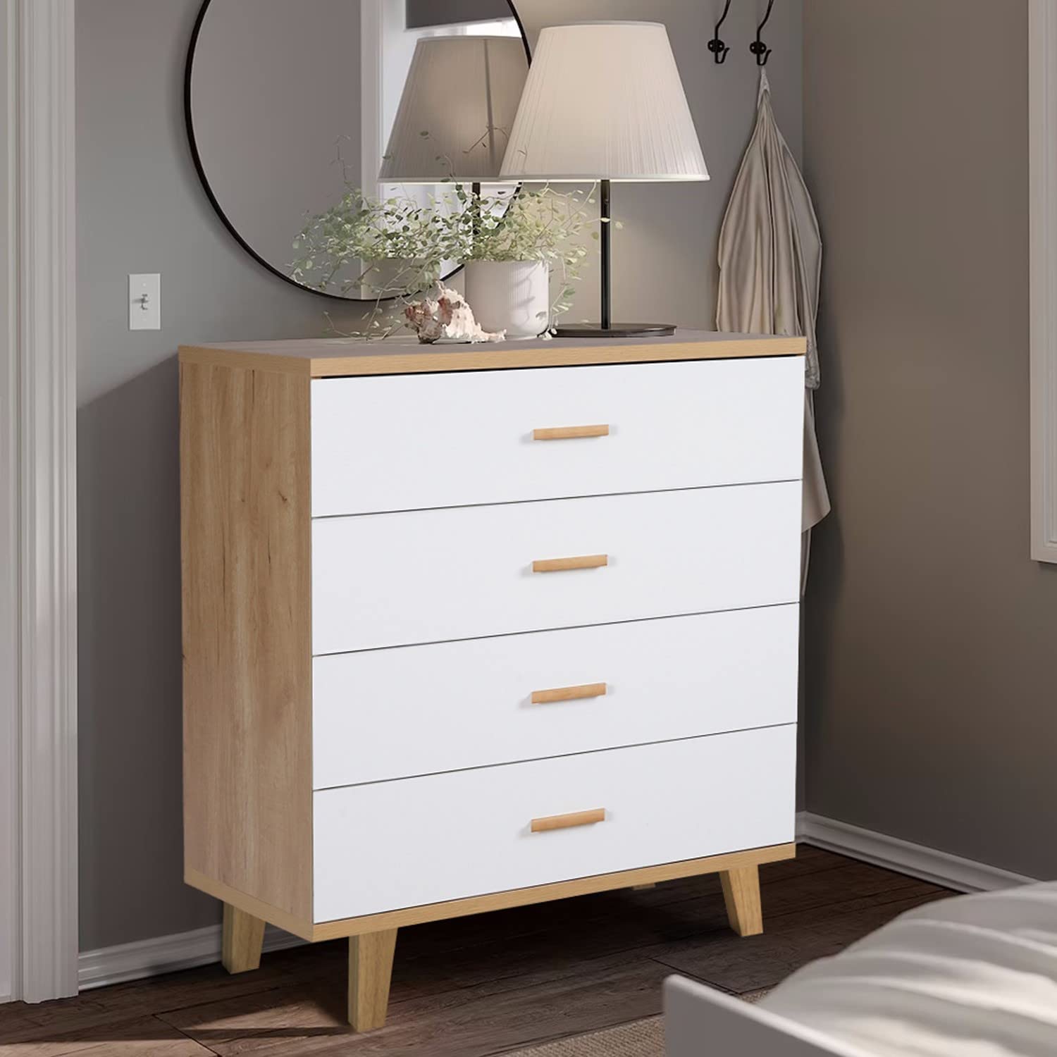 Yoluckea 4 Drawer Wooden Dresser for Bedroom - White Chest of Drawers with Wide Storage & Wood Handles - Perfect for Nursery, Living Room, Closet, Hallway, Entryway & Kids Room - Space-Saving Storage Solution for Home Organization