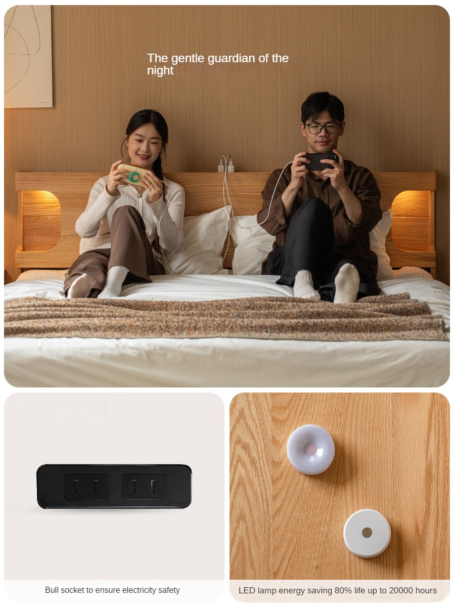 Solid Oak Wood Luminous Bedside Charging Shelf - Nightstand Organizer with USB Ports for Bedroom, Office & Dorm Room - Perfect for Phones, Tablets & Reading Lights