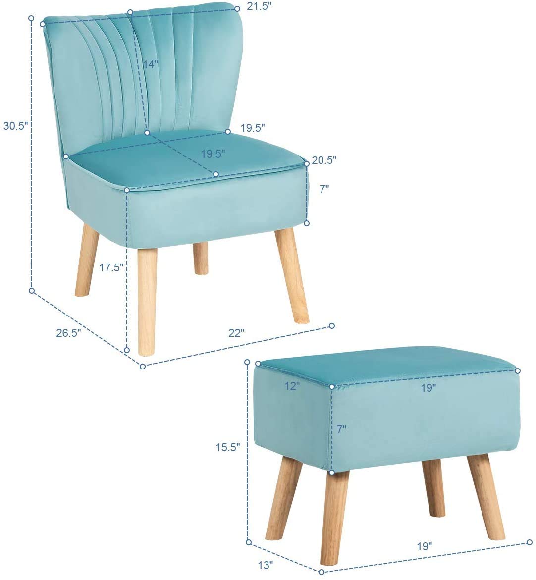Velvet Accent Chair Set with Footrest - Modern Tufted Upholstered Club Chair for Living Room, Bedroom & Reading Nook - Soft Velvet Fabric & Ergonomic Design - Perfect for Relaxing, Reading & Lounging (Turquoise)
