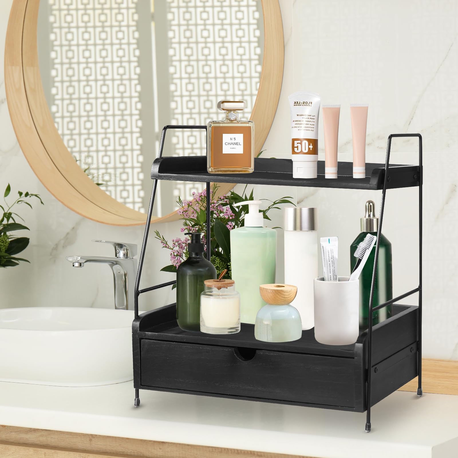 2-Tier Wooden Bathroom Countertop Organizer with Drawer - Space Saving Storage Shelf for Bathroom, Kitchen, Vanity | Perfect for Cosmetics, Toiletries & Decorative Display (Black)