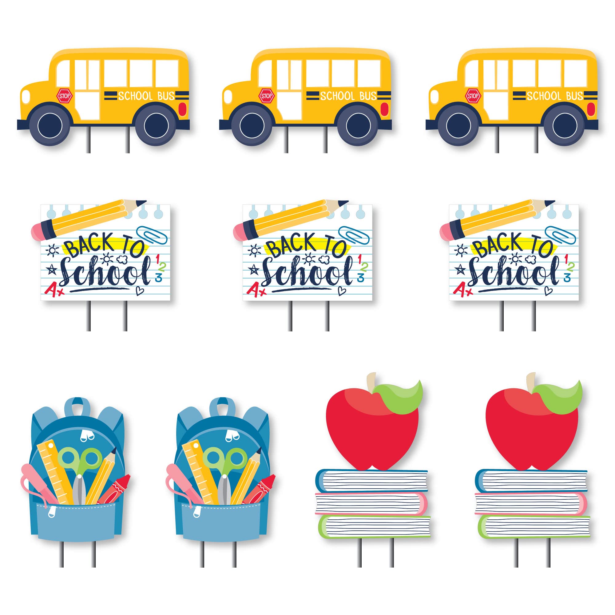 Big Dot of Happiness Back to School Decorations - 10-Piece Outdoor Yard Set with Backpack, School Bus & Apple on Books - Perfect for First Day Classroom Decor & Lawn Displays