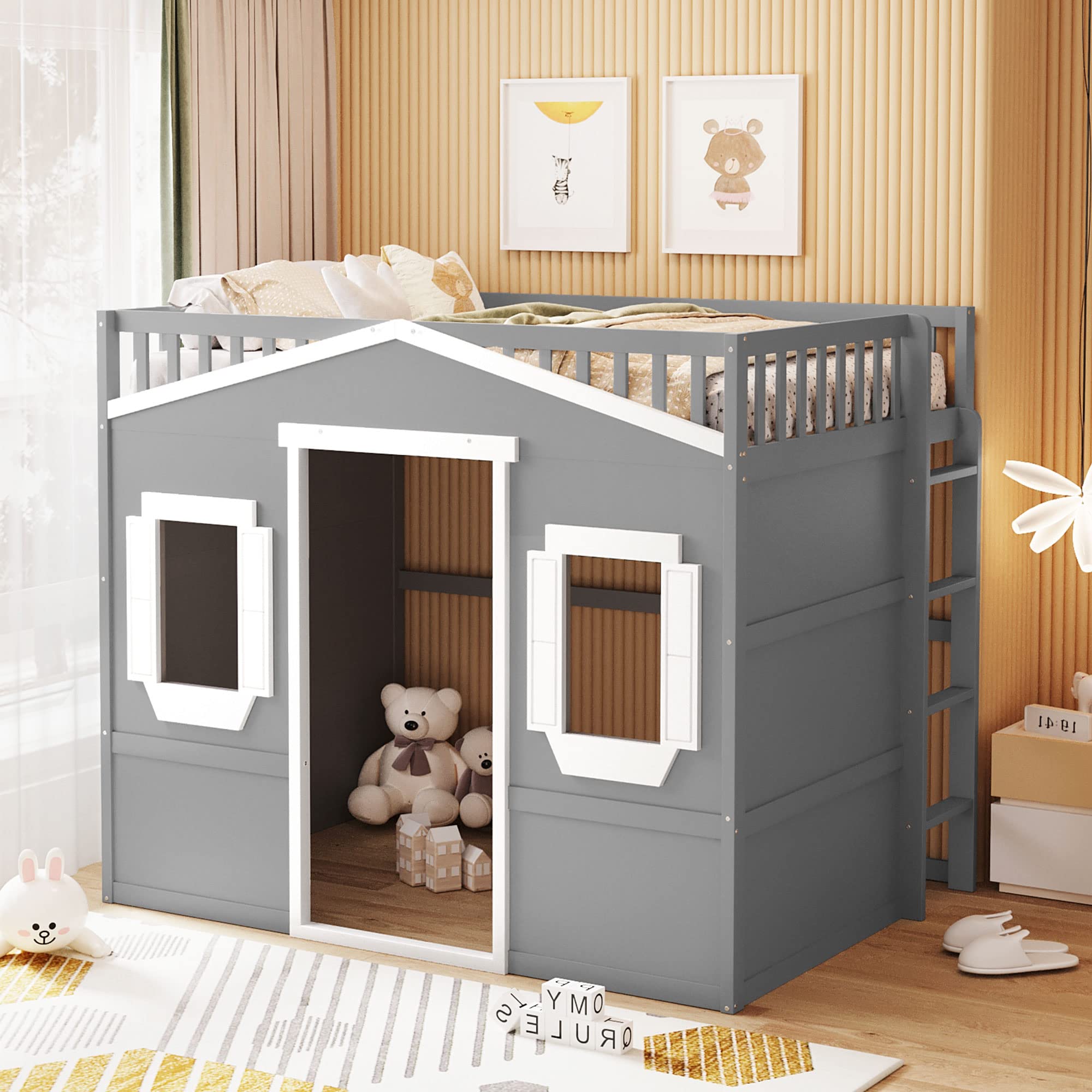 **Full Size Loft Bed with Safety Guardrail for Kids - Solid Wood Frame with Ladder & Windows - Sturdy Wood Slats Support - Space-Saving Design (Gray+White) - Perfect for Small Bedrooms, Kids' Rooms & Dormitories**