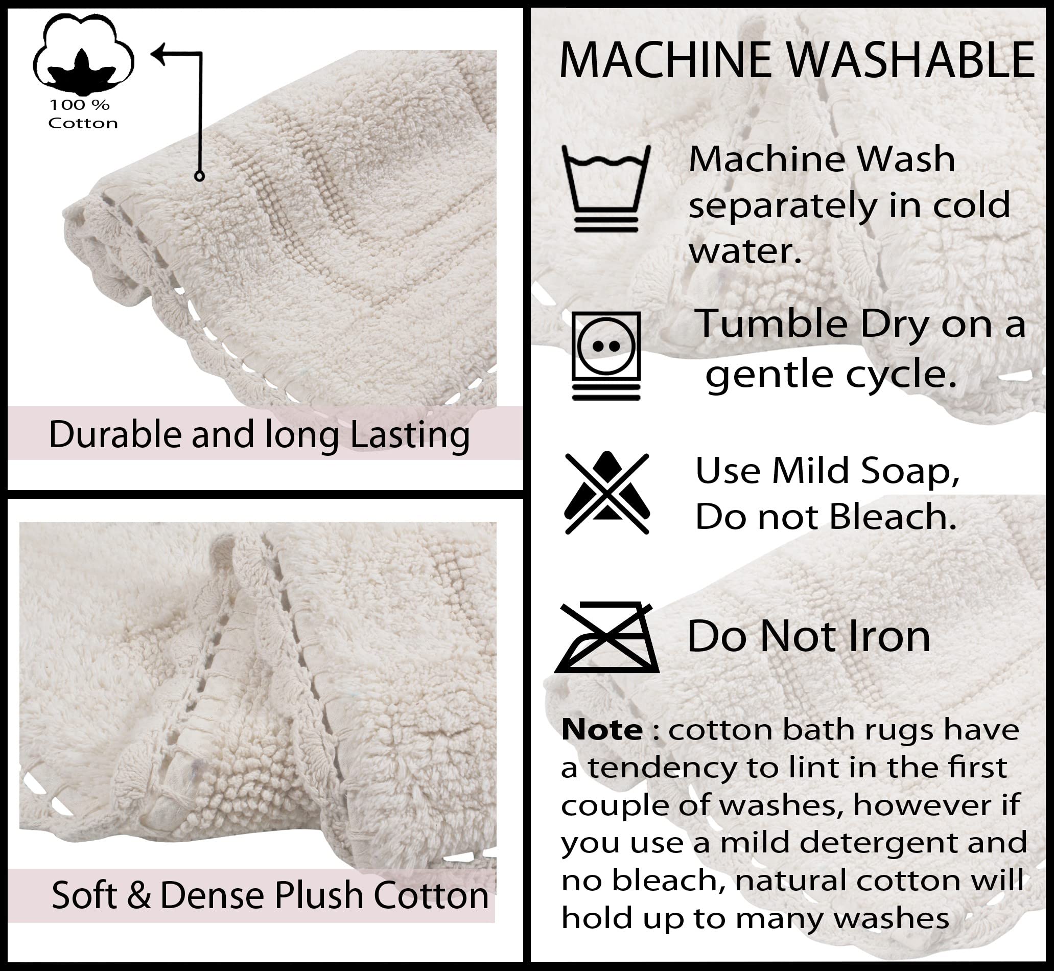 Home Weavers Reversible Cotton Bath Mat Set - 100% Soft & Absorbent Non-Slip Bathroom Rug (17x24 Inch, Ivory) | Washable Kitchen & Bath Mats for Elegant Home Decor - Perfect for Bathrooms, Showers & Vanity Areas