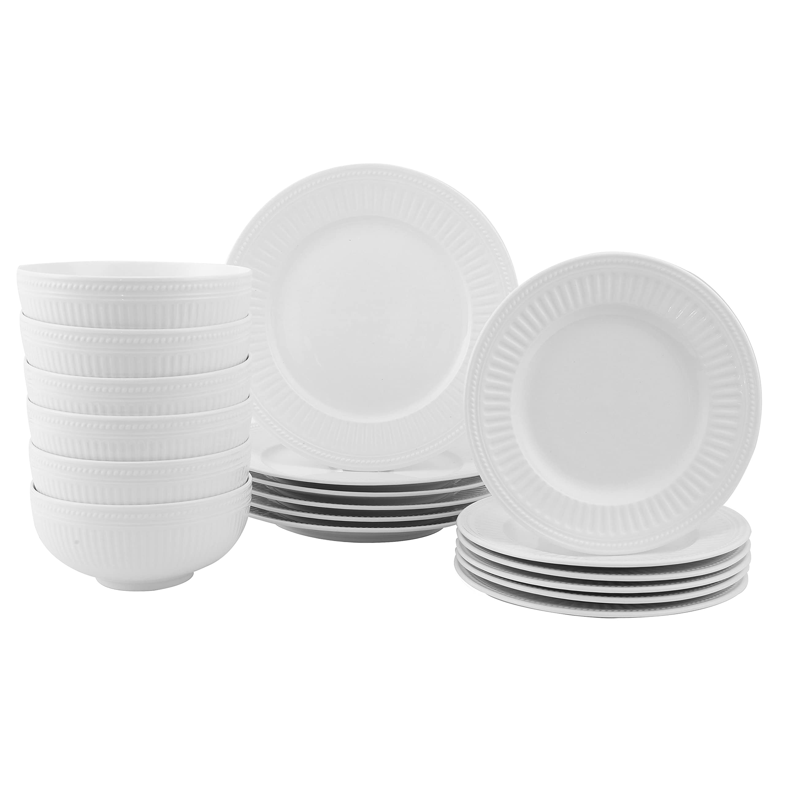 FIGULARK 18-Piece Ceramic Dinnerware Set for 6 - White Embossed Plates & Bowls - Microwave, Oven & Dishwasher Safe - Unbreakable Kitchen Dish Set for Everyday Dining & Entertaining