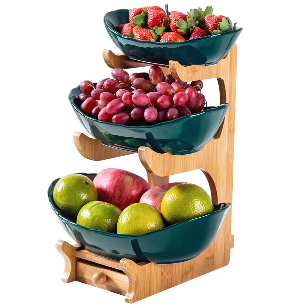 3-Tier Ceramic Fruit Bowl - Blackish Green Kitchen Storage Basket for Fruits, Snacks & Desserts | Perfect for Dining Table, Countertop & Party Serving