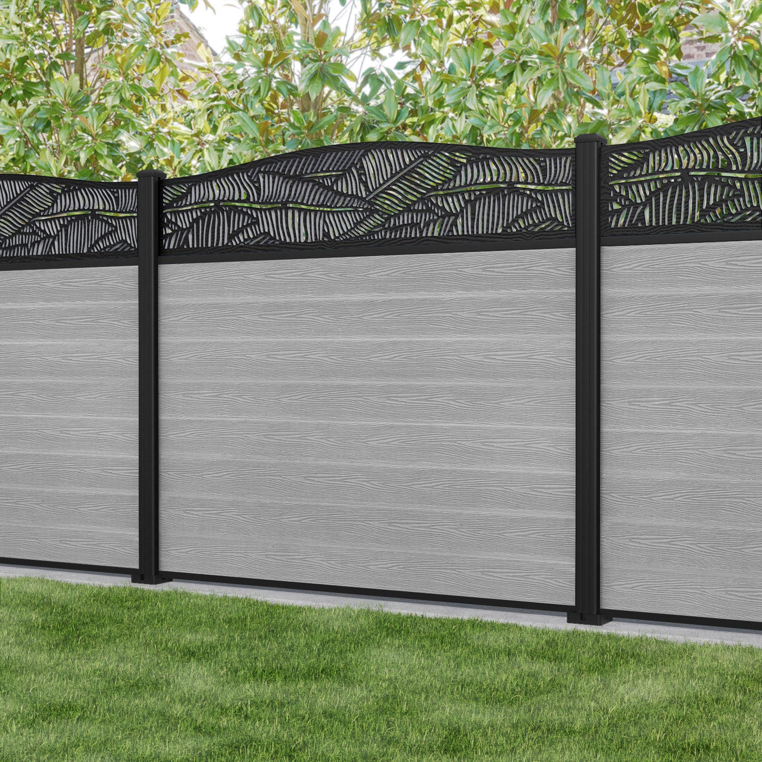 Classic Feather Curved Top Fence Panel - Light Grey Aluminum Privacy Fence with Sturdy Posts for Backyard, Garden, and Pool Area Security
