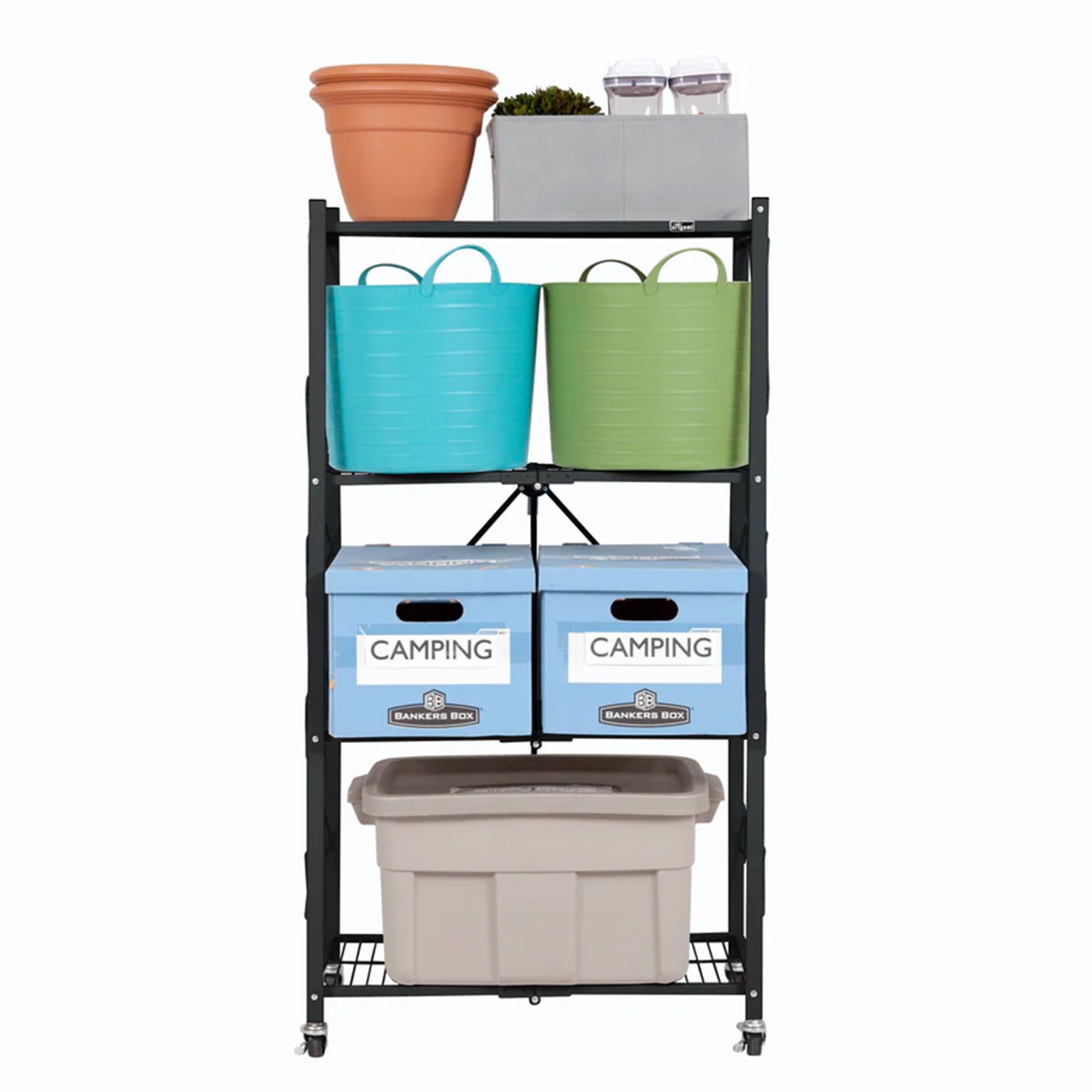 4-Tier Folding Storage Shelf Organizer with Wheels - Space Saving Origami Design for Kitchen, Garage, Pantry & Closet Organization - Heavy Duty Black Metal Shelving Unit for Home Storage Needs
