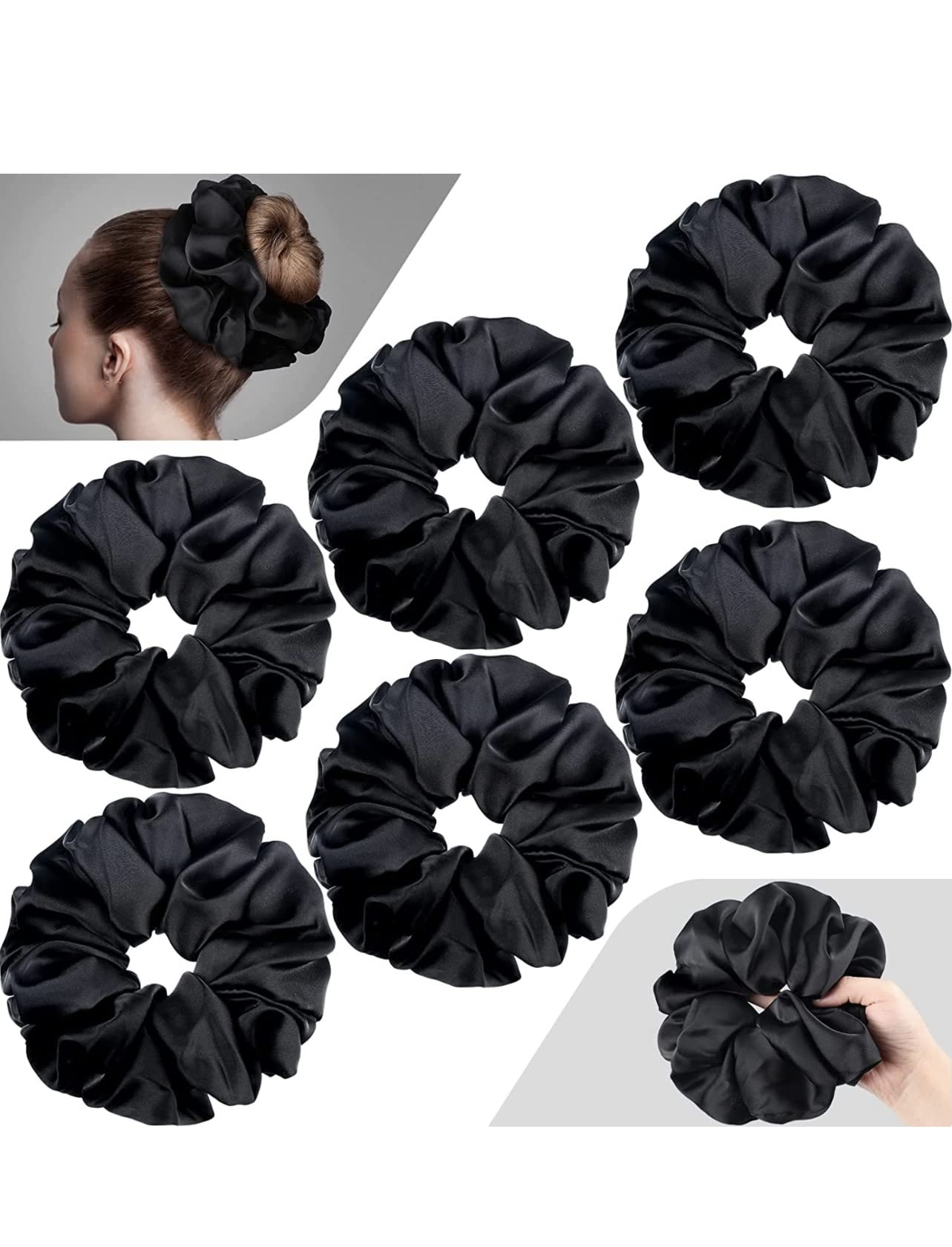Fashion Fittor 6-Piece Oversized Satin Hair Scrunchies Set - 7.2 Inch Silk Elastic Hair Bands for Women & Girls (Black) - Perfect for Ponytails, Buns & Everyday Styling