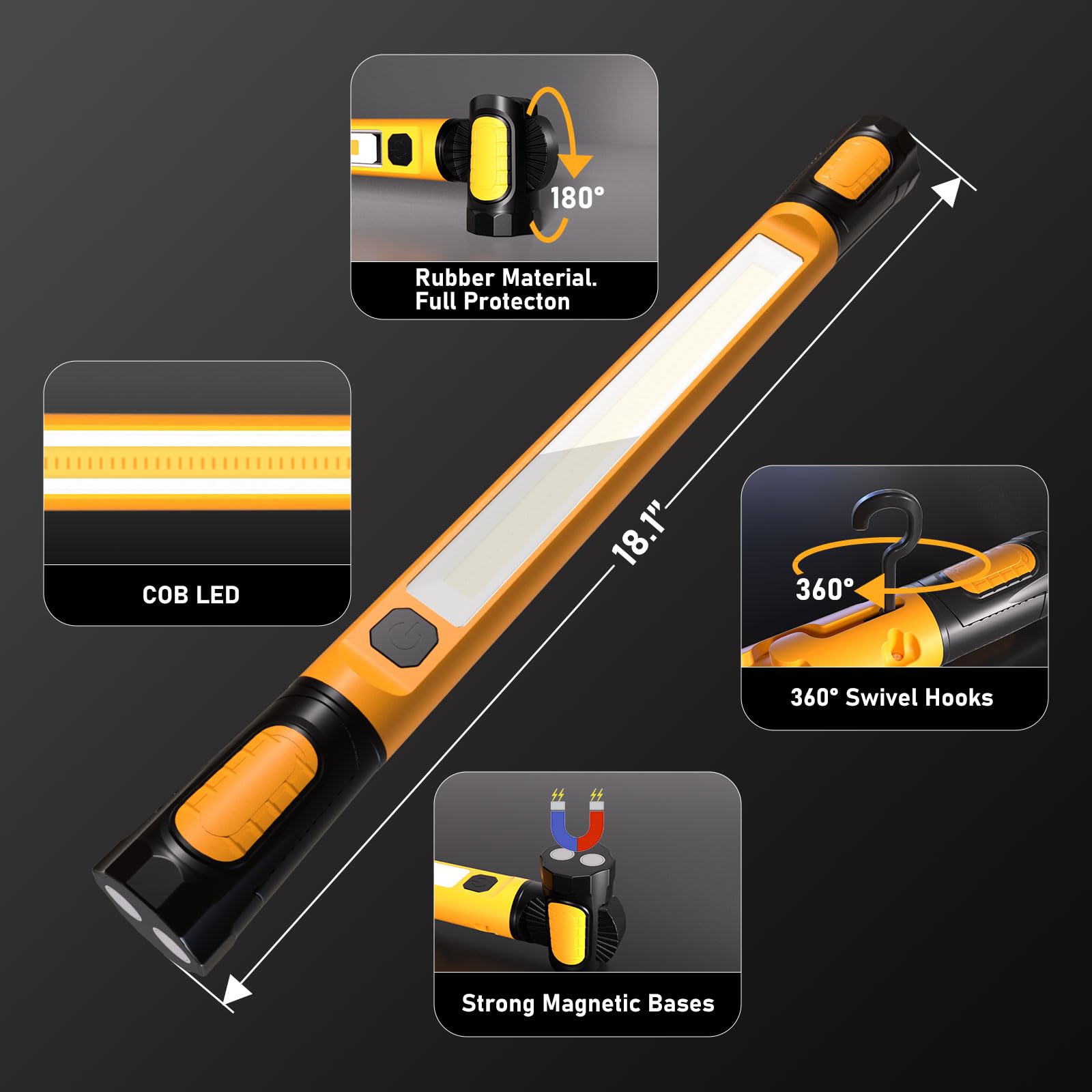 3200LM Rechargeable LED Work Light for Mechanics - 5400mAh Magnetic Light Bar with Hooks, Portable Underhood Light for Car Repair, Garage Workshop & Emergency Use - Perfect Gift for Men (Yellow)