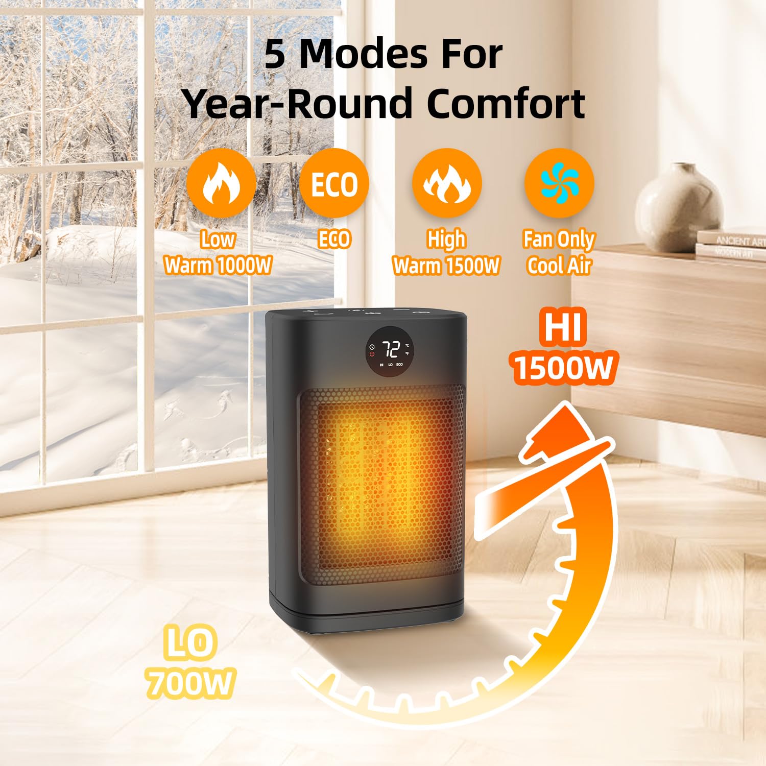 1500W PTC Ceramic Space Heater with Remote Control & LED Display - 70° Oscillation, Adjustable Thermostat, 12H Timer - Portable Electric Heater for Office, Bedroom, Home & Indoor Use | Perfect for Winter Warmth & Energy Efficient Heating